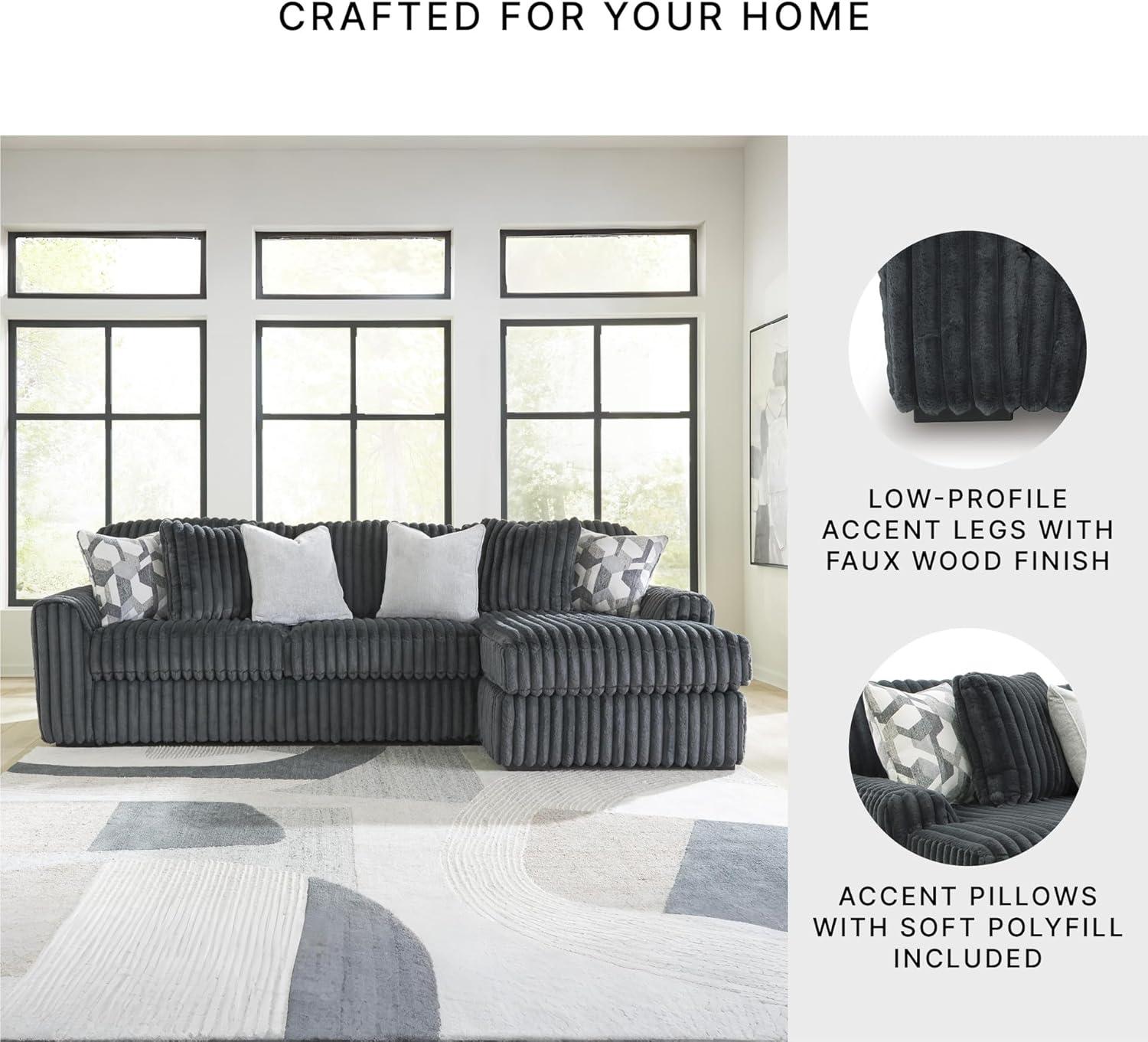 imageSignature Design by Ashley MidnightMadness Sectional Sofa Chaise Jumbo Corduroy Upholstery HighResiliency Comfort for Living Room Seating Gunmetal Gray 120 x 65