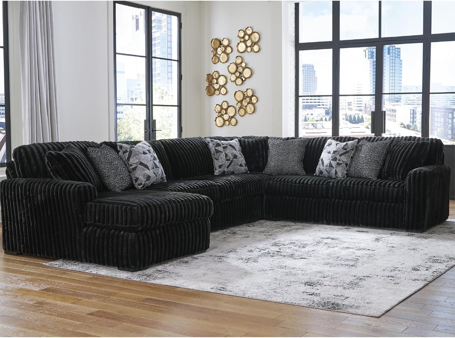 imageSignature Design by Ashley MidnightMadness Sectional Sofa with Chaise Jumbo Corduroy Upholstery Deep Seat Living Room Sectional Sofa for LoungeFriendly Seating 151 x 122 x 40