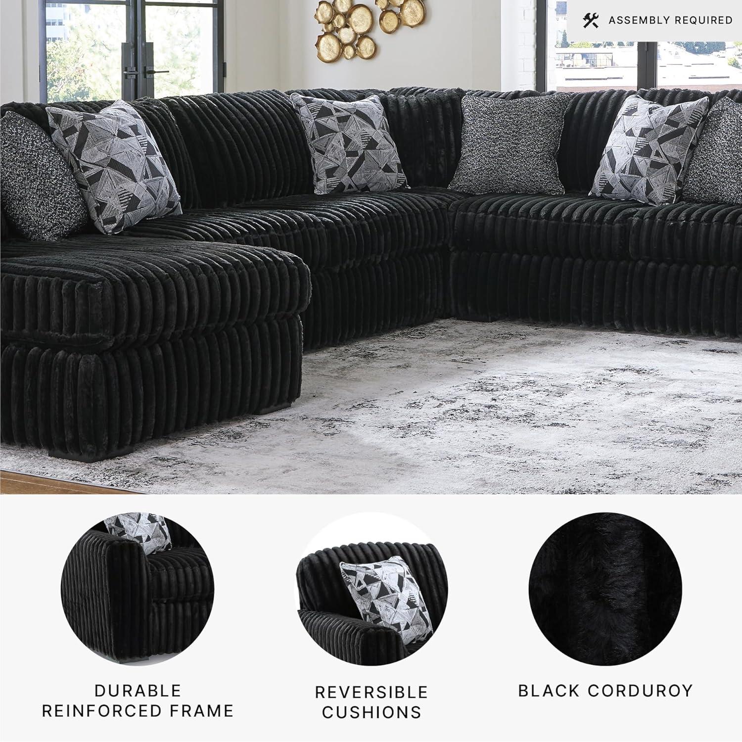 imageSignature Design by Ashley MidnightMadness Sectional Sofa with Chaise Jumbo Corduroy Upholstery Deep Seat Living Room Sectional Sofa for LoungeFriendly Seating 151 x 122 x 40