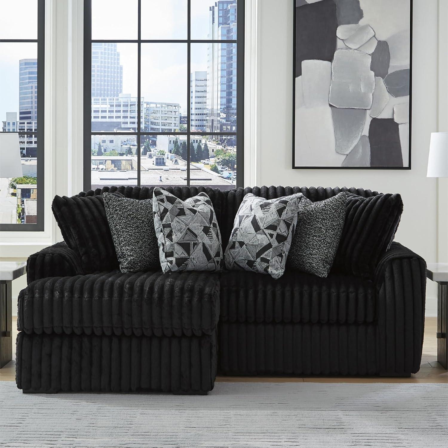 imageSignature Design by Ashley MidnightMadness Sectionals Jumbo Corduroy Sectional Sofa with Chaise Plush Cushioned Comfort for Cozy Living Room Lounging Black Fabric