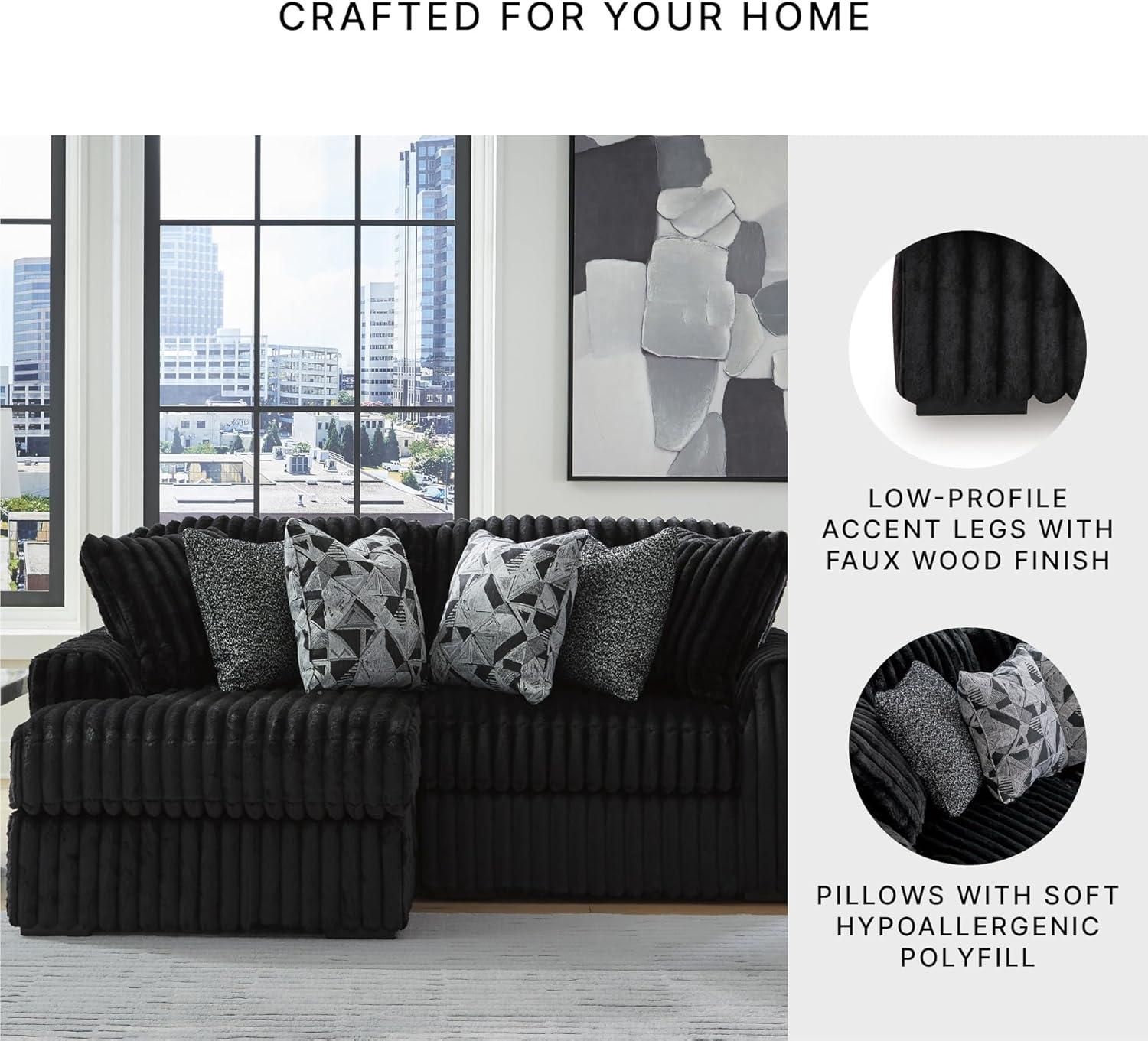 imageSignature Design by Ashley MidnightMadness Sectionals Jumbo Corduroy Sectional Sofa with Chaise Plush Cushioned Comfort for Cozy Living Room Lounging Black Fabric