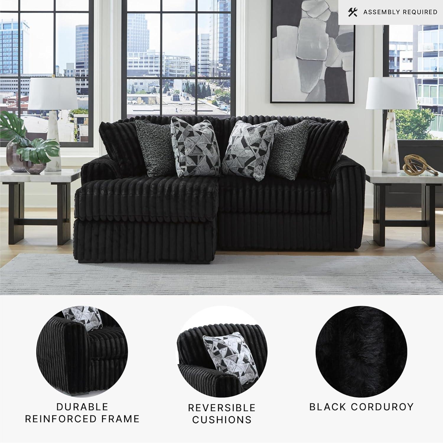 imageSignature Design by Ashley MidnightMadness Sectionals Jumbo Corduroy Sectional Sofa with Chaise Plush Cushioned Comfort for Cozy Living Room Lounging Black Fabric