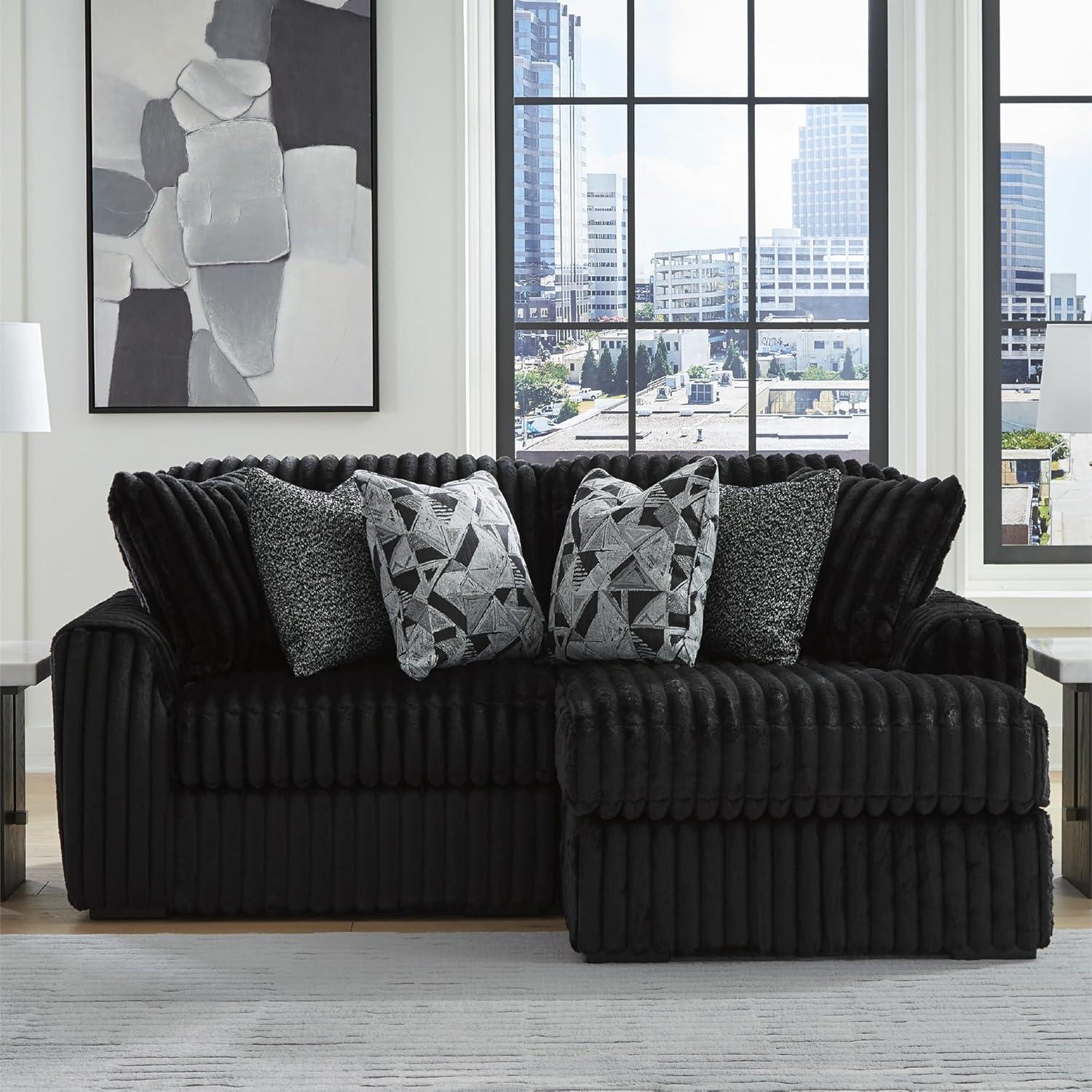 imageSignature Design by Ashley MidnightMadness Sectionals Jumbo Corduroy Sectional Sofa with Chaise Plush Cushioned Comfort for Relaxing Living Room Lounging Black