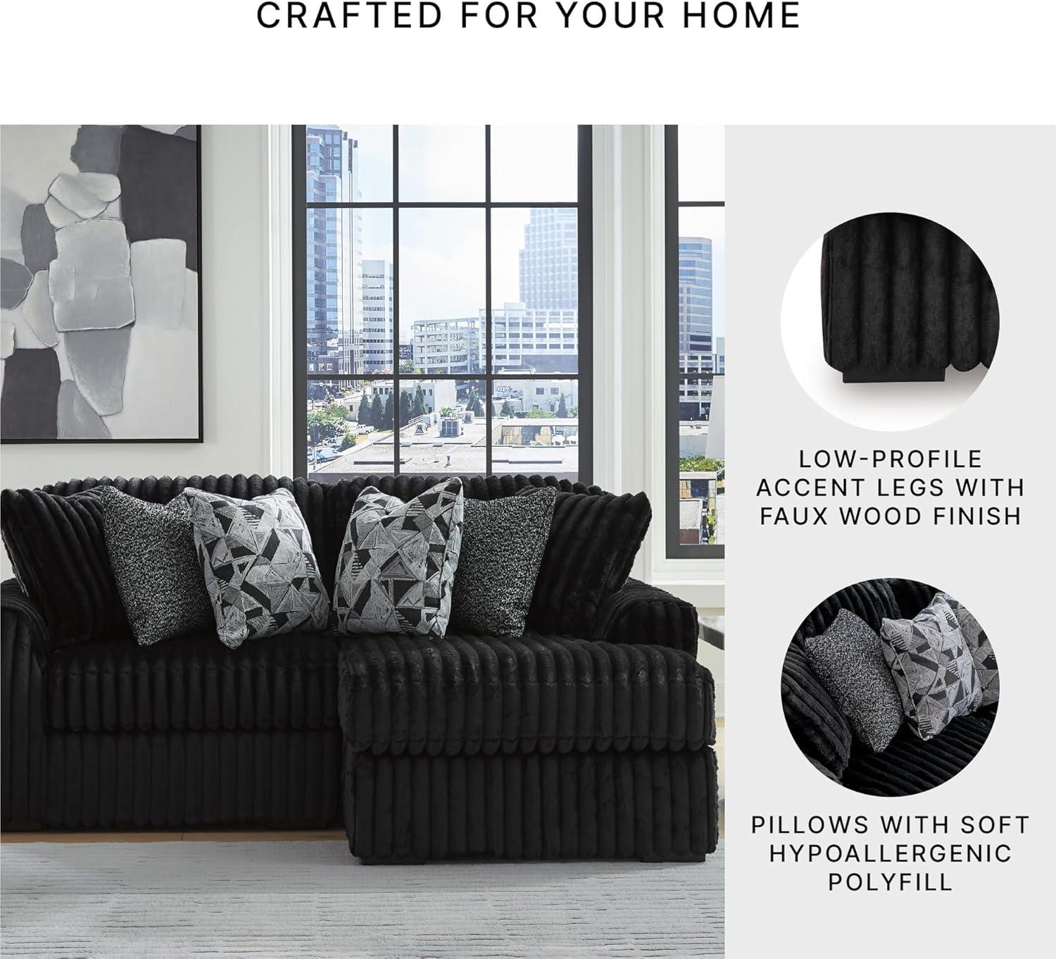 imageSignature Design by Ashley MidnightMadness Sectionals Jumbo Corduroy Sectional Sofa with Chaise Plush Cushioned Comfort for Relaxing Living Room Lounging Black