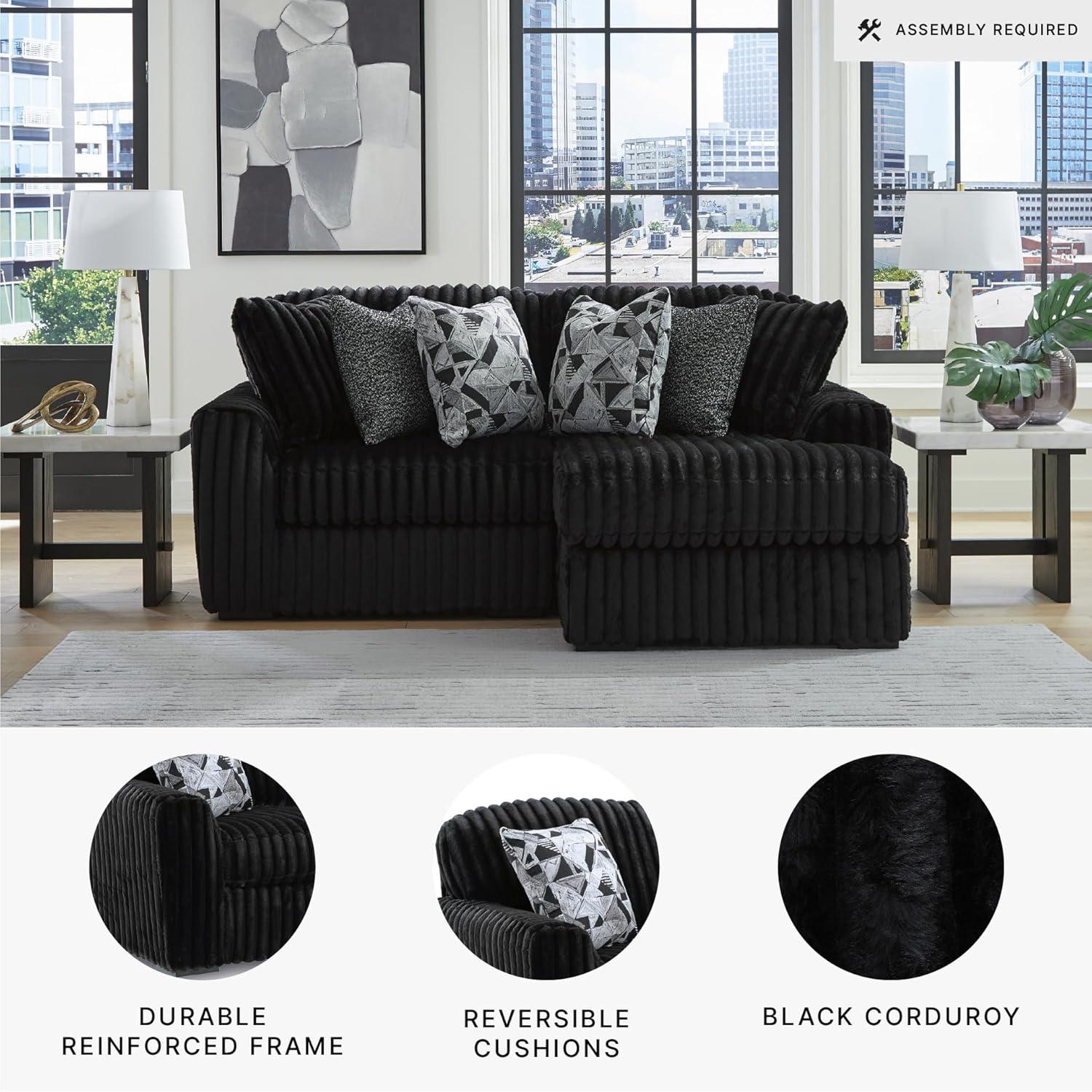 imageSignature Design by Ashley MidnightMadness Sectionals Jumbo Corduroy Sectional Sofa with Chaise Plush Cushioned Comfort for Relaxing Living Room Lounging Black