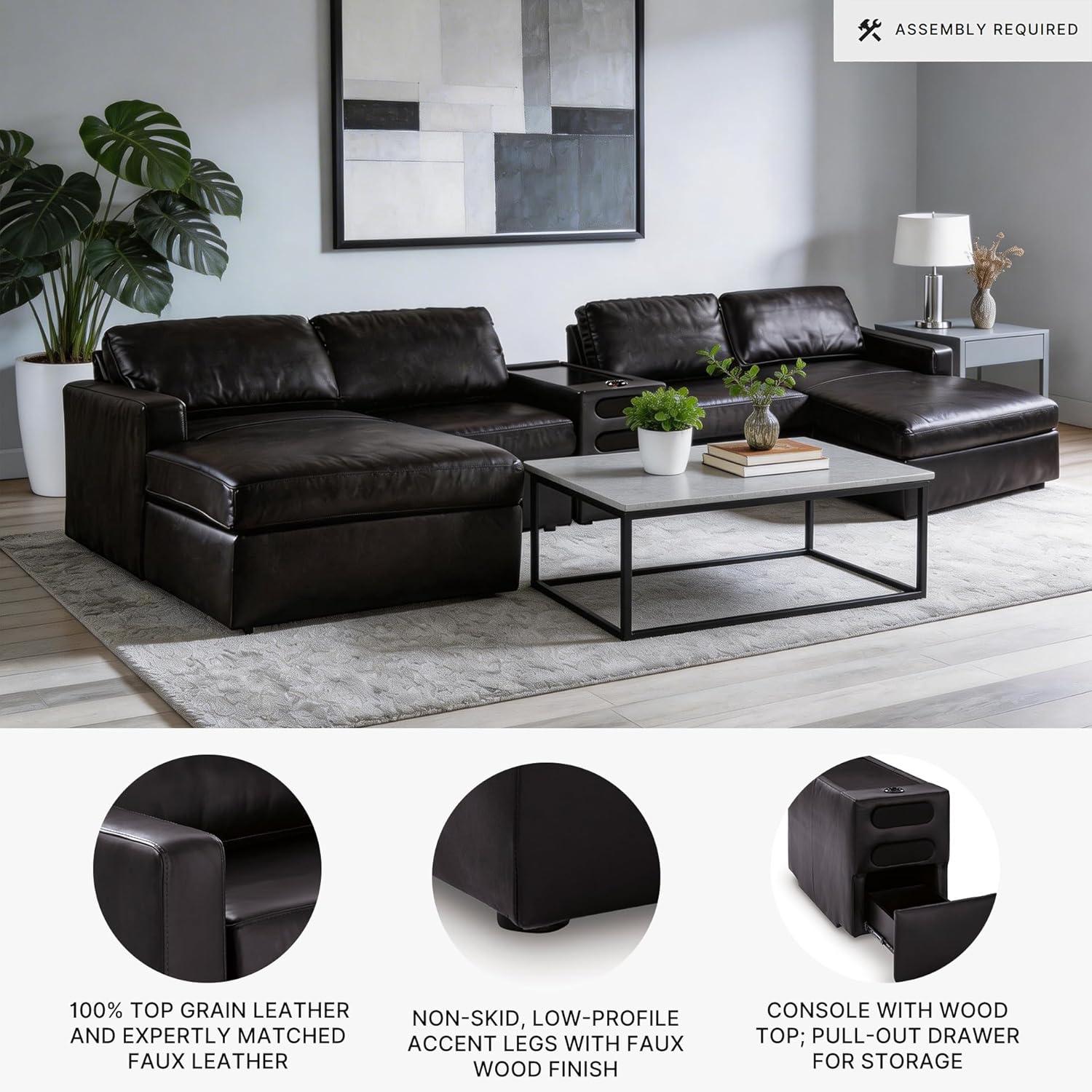 imageSignature Design by Ashley Modmax II Double Chaise Sectional Sofa Modular Design Audio Console Top Grain Leather Seating Contemporary Living Room Sectionals for Entertainment Black