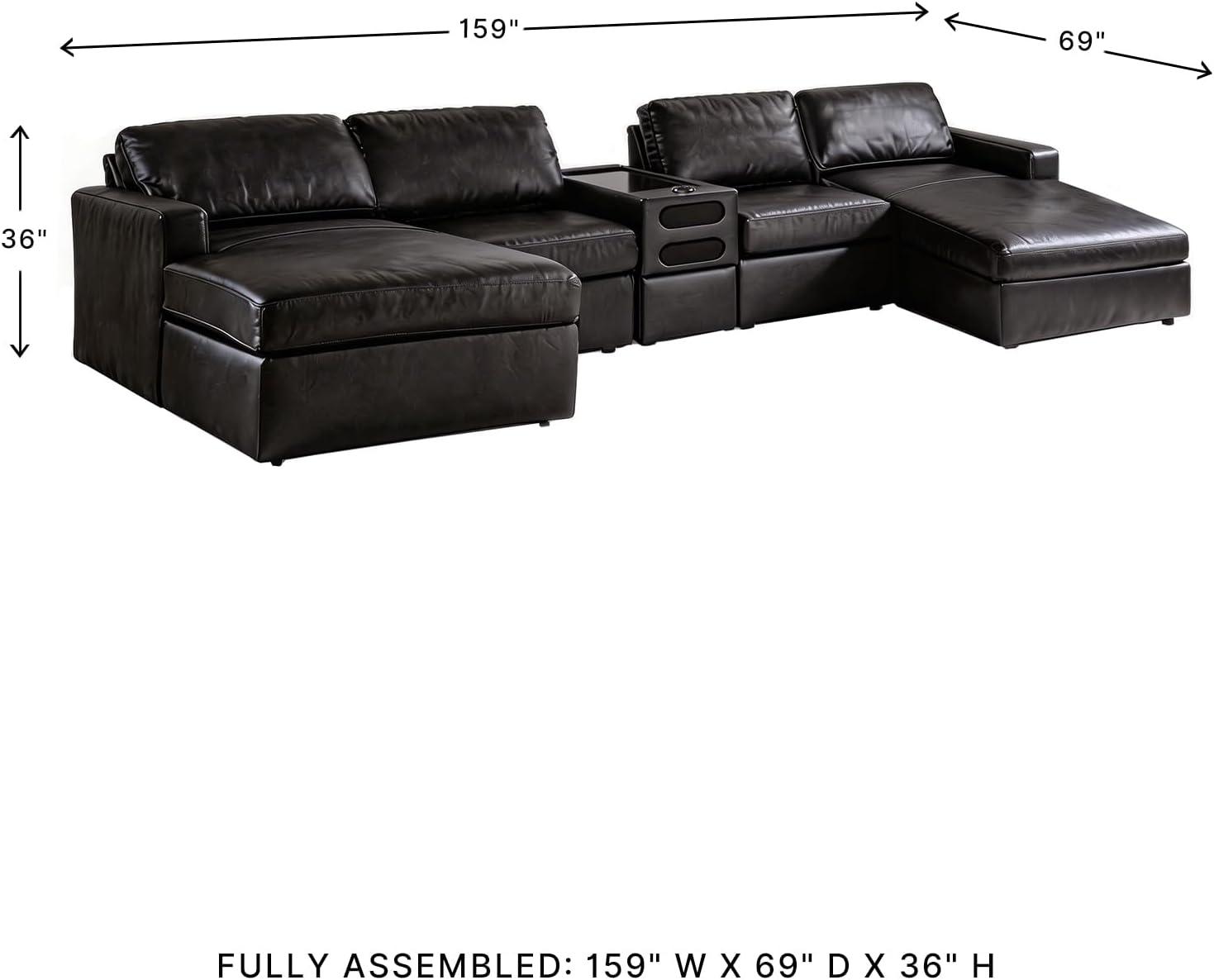 imageSignature Design by Ashley Modmax II Double Chaise Sectional Sofa Modular Design Audio Console Top Grain Leather Seating Contemporary Living Room Sectionals for Entertainment Black