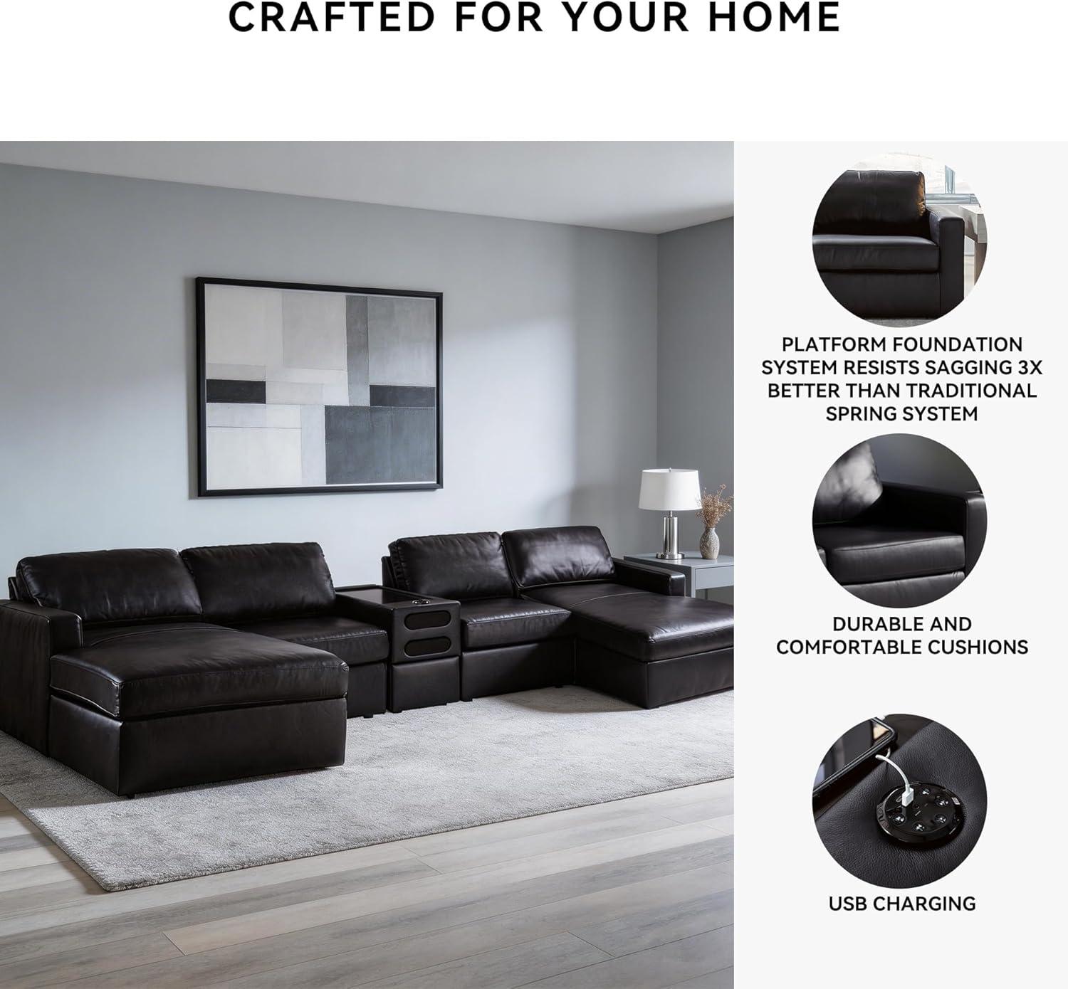 imageSignature Design by Ashley Modmax II Double Chaise Sectional Sofa Modular Design Audio Console Top Grain Leather Seating Contemporary Living Room Sectionals for Entertainment Black