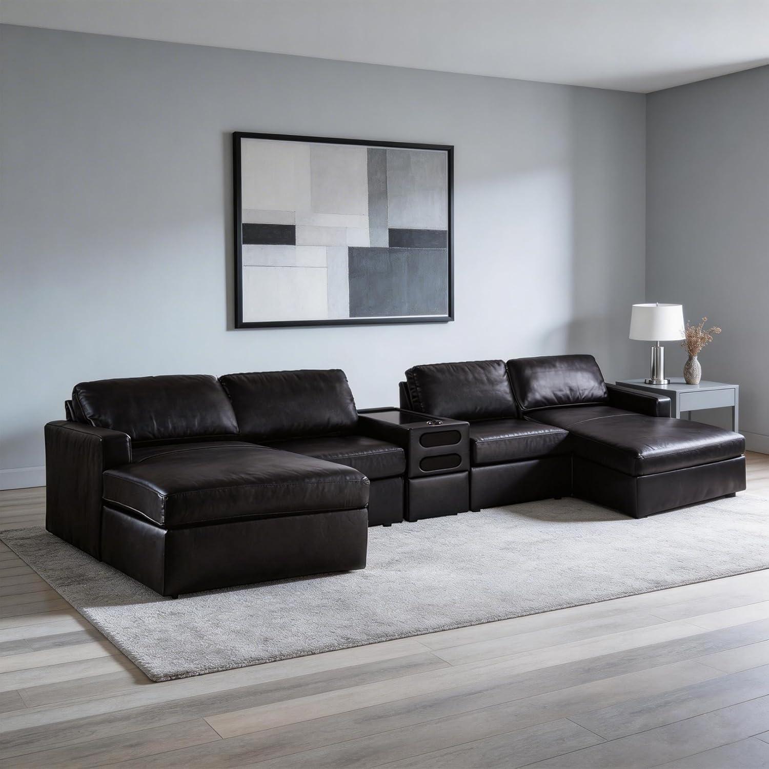 imageSignature Design by Ashley Modmax II Double Chaise Sectional Sofa Modular Design Audio Console Top Grain Leather Seating Contemporary Living Room Sectionals for Entertainment Black