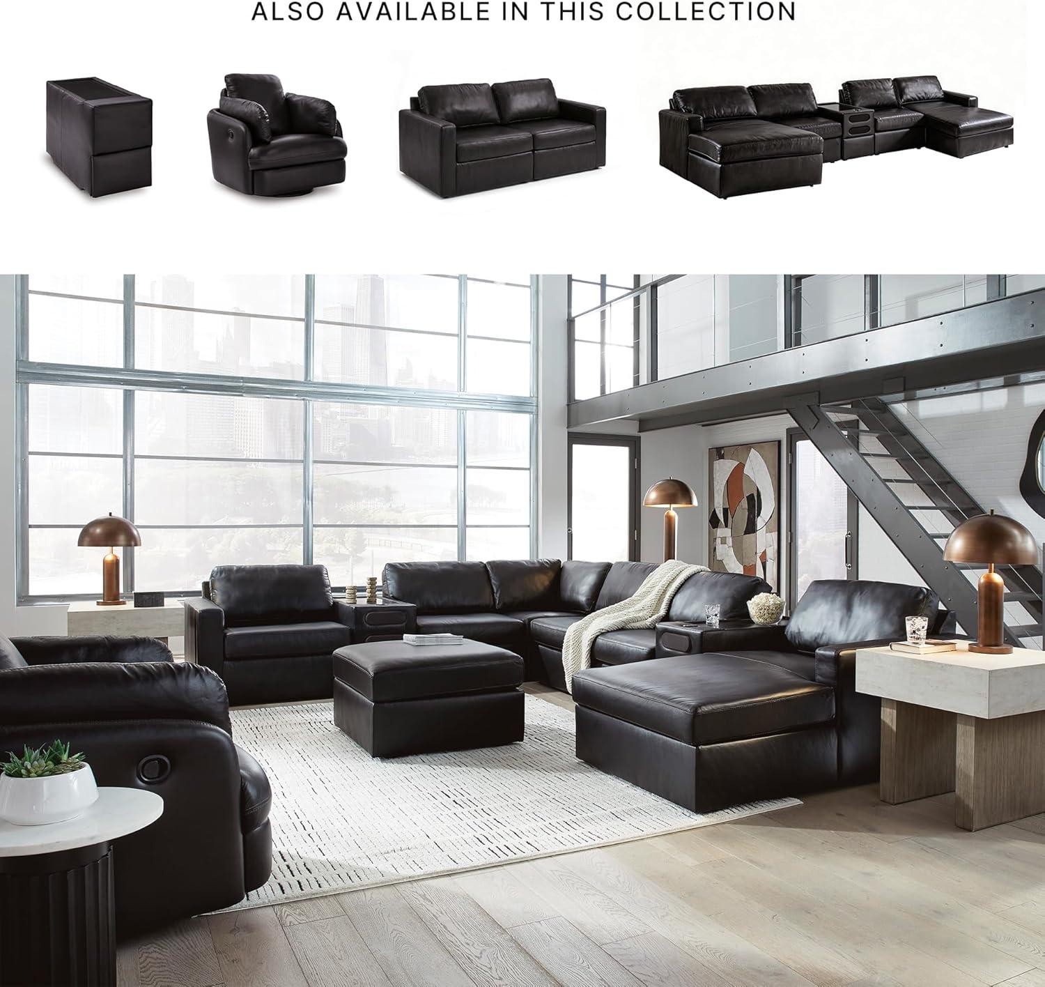 imageSignature Design by Ashley Modmax II Double Chaise Sectional Sofa Modular Design Audio Console Top Grain Leather Seating Contemporary Living Room Sectionals for Entertainment Black