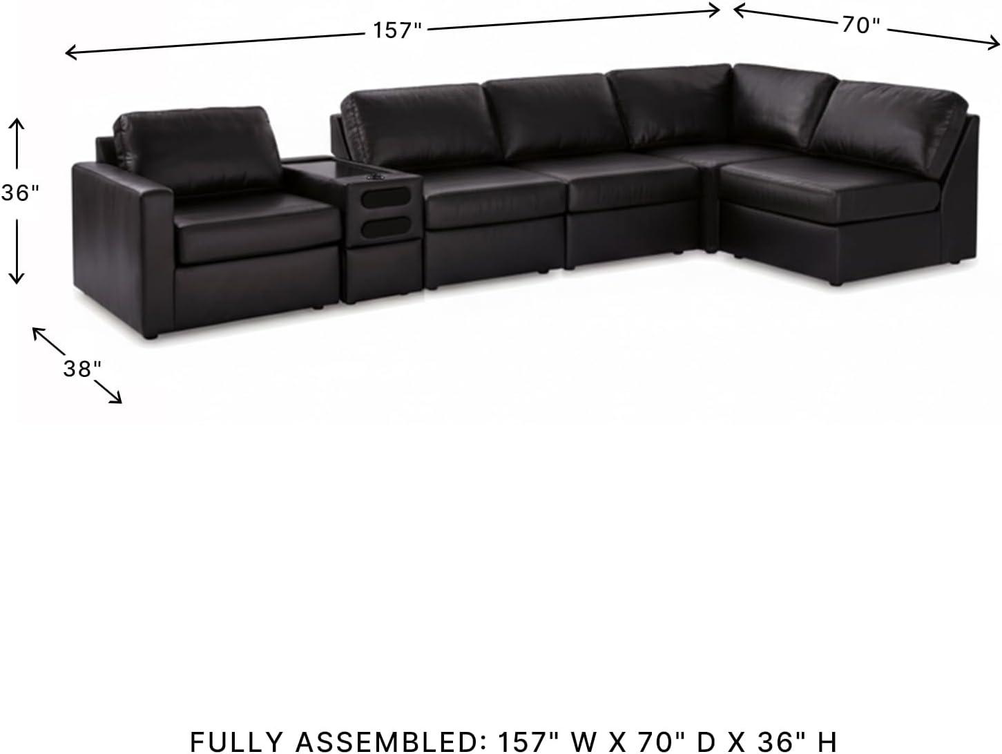 imageSignature Design by Ashley Modmax II Sectional Sofa with Audio Console Modular Design Top Grain Leather Seating Living Room Sectionals for Home Entertainment Black