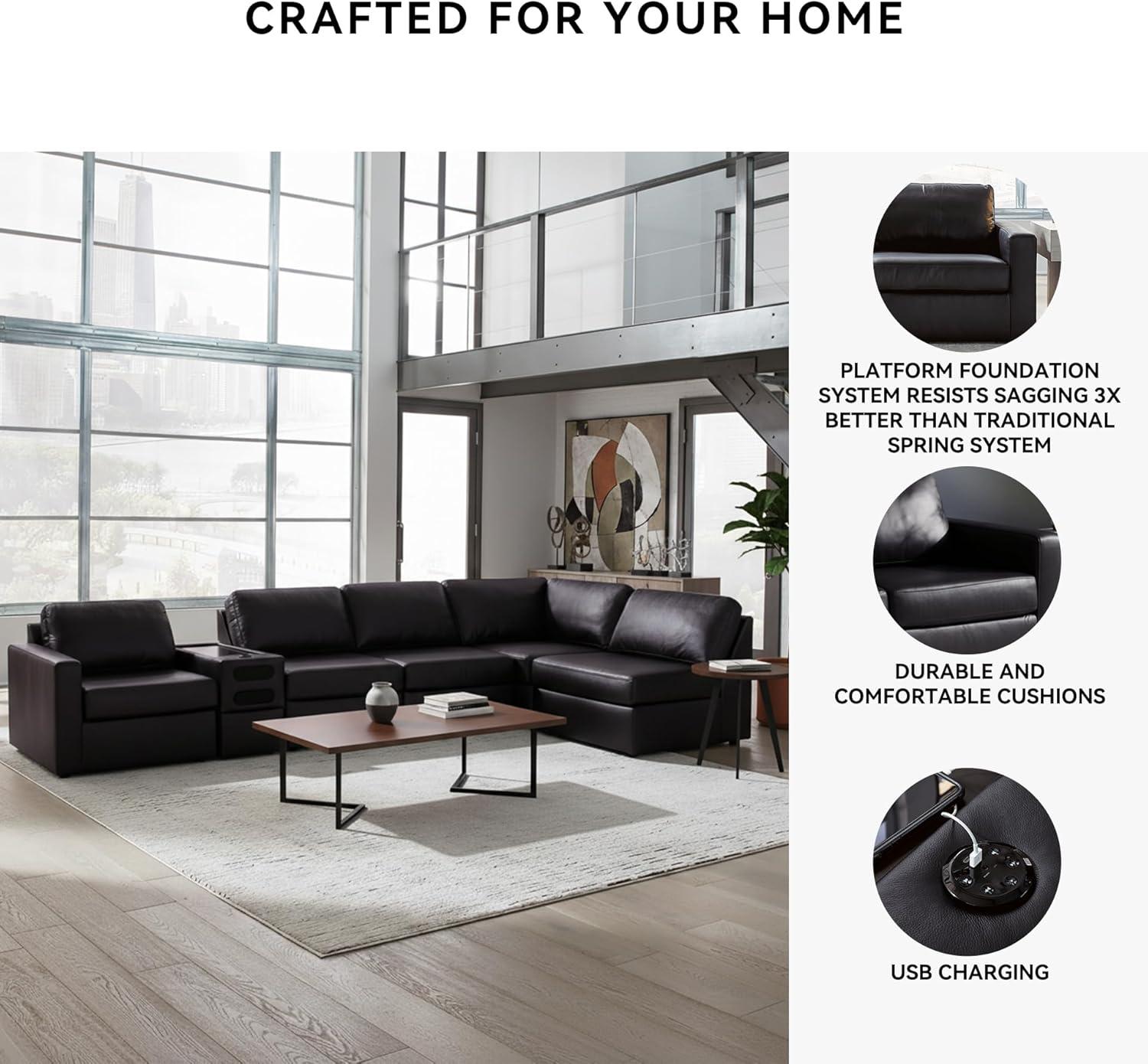 imageSignature Design by Ashley Modmax II Sectional Sofa with Audio Console Modular Design Top Grain Leather Seating Living Room Sectionals for Home Entertainment Black