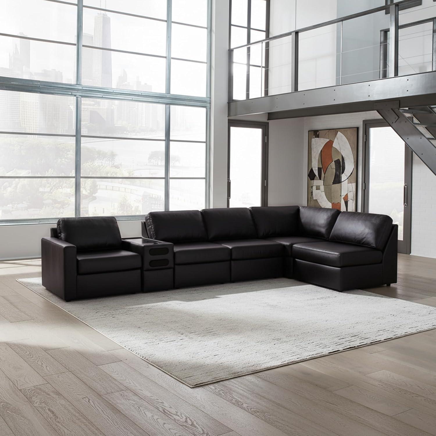 imageSignature Design by Ashley Modmax II Sectional Sofa with Audio Console Modular Design Top Grain Leather Seating Living Room Sectionals for Home Entertainment Black