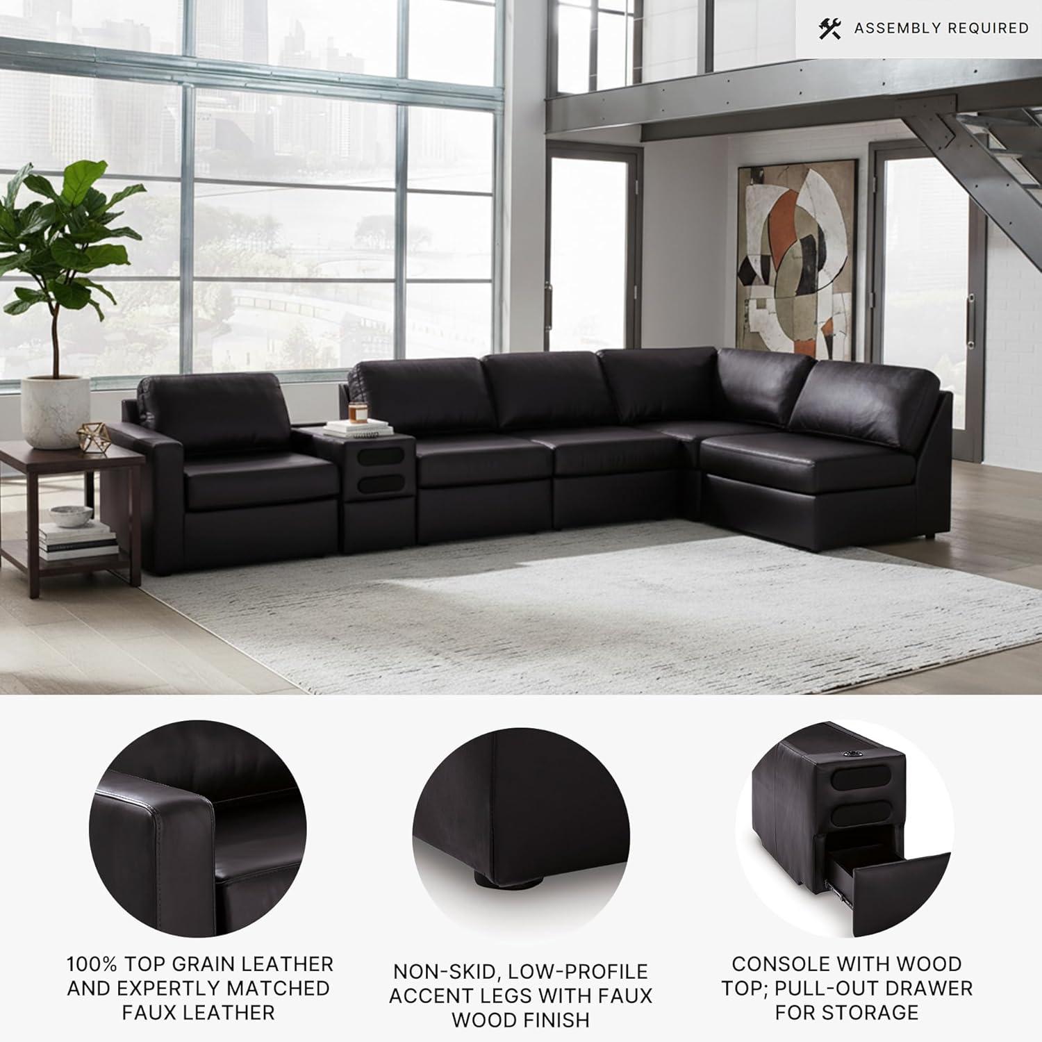 imageSignature Design by Ashley Modmax II Sectional Sofa with Audio Console Modular Design Top Grain Leather Seating Living Room Sectionals for Home Entertainment Black