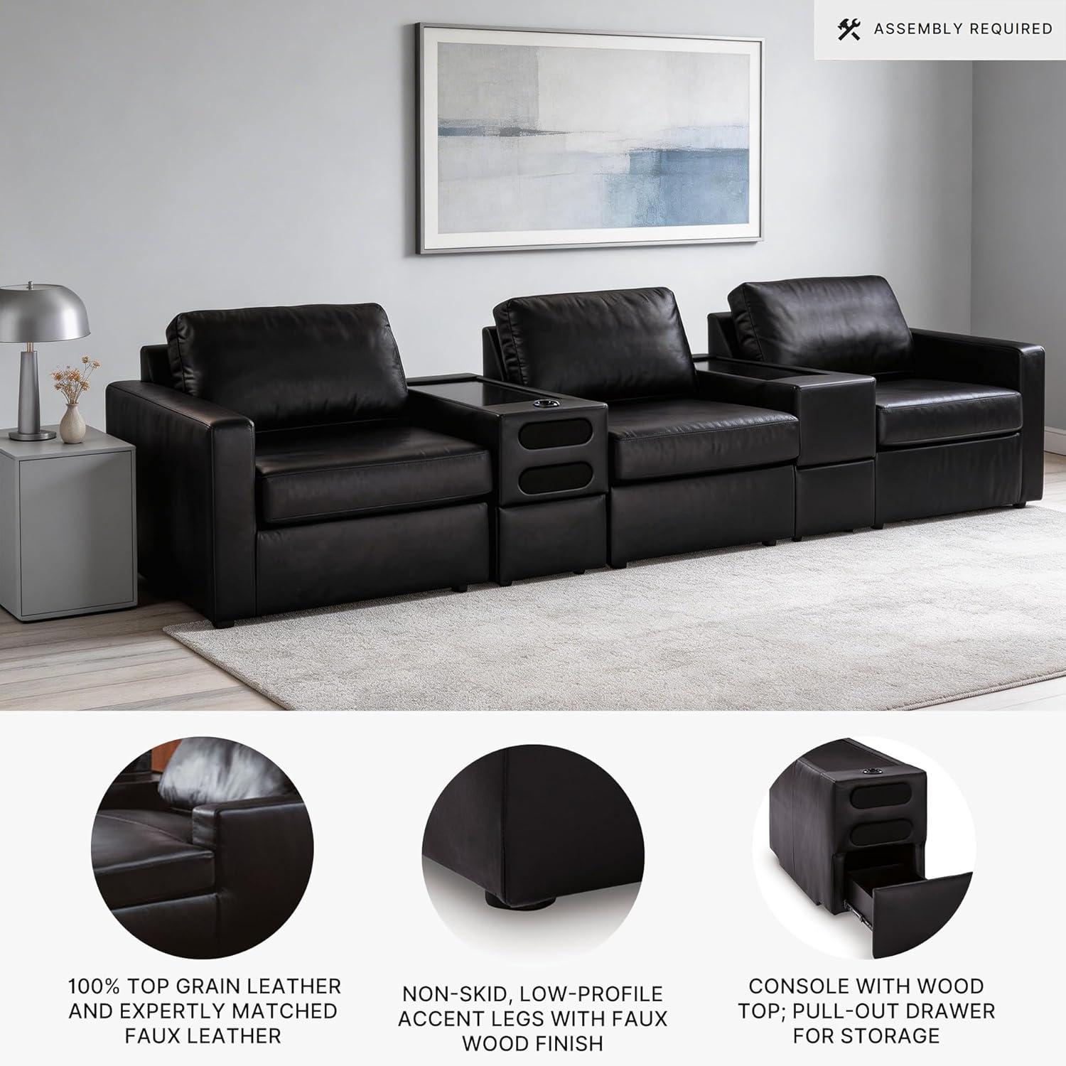 imageSignature Design by Ashley Modmax II Sectional Sofa with Audio and Storage Consoles Top Grain Leather Seating Sectionals for Living Room Seating for Home Entertainment Black