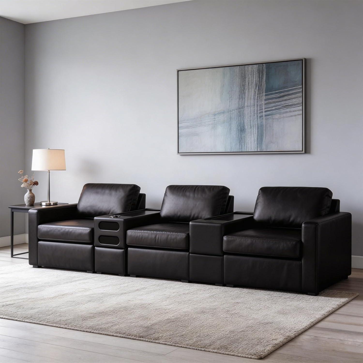 imageSignature Design by Ashley Modmax II Sectional Sofa with Audio and Storage Consoles Top Grain Leather Seating Sectionals for Living Room Seating for Home Entertainment Black
