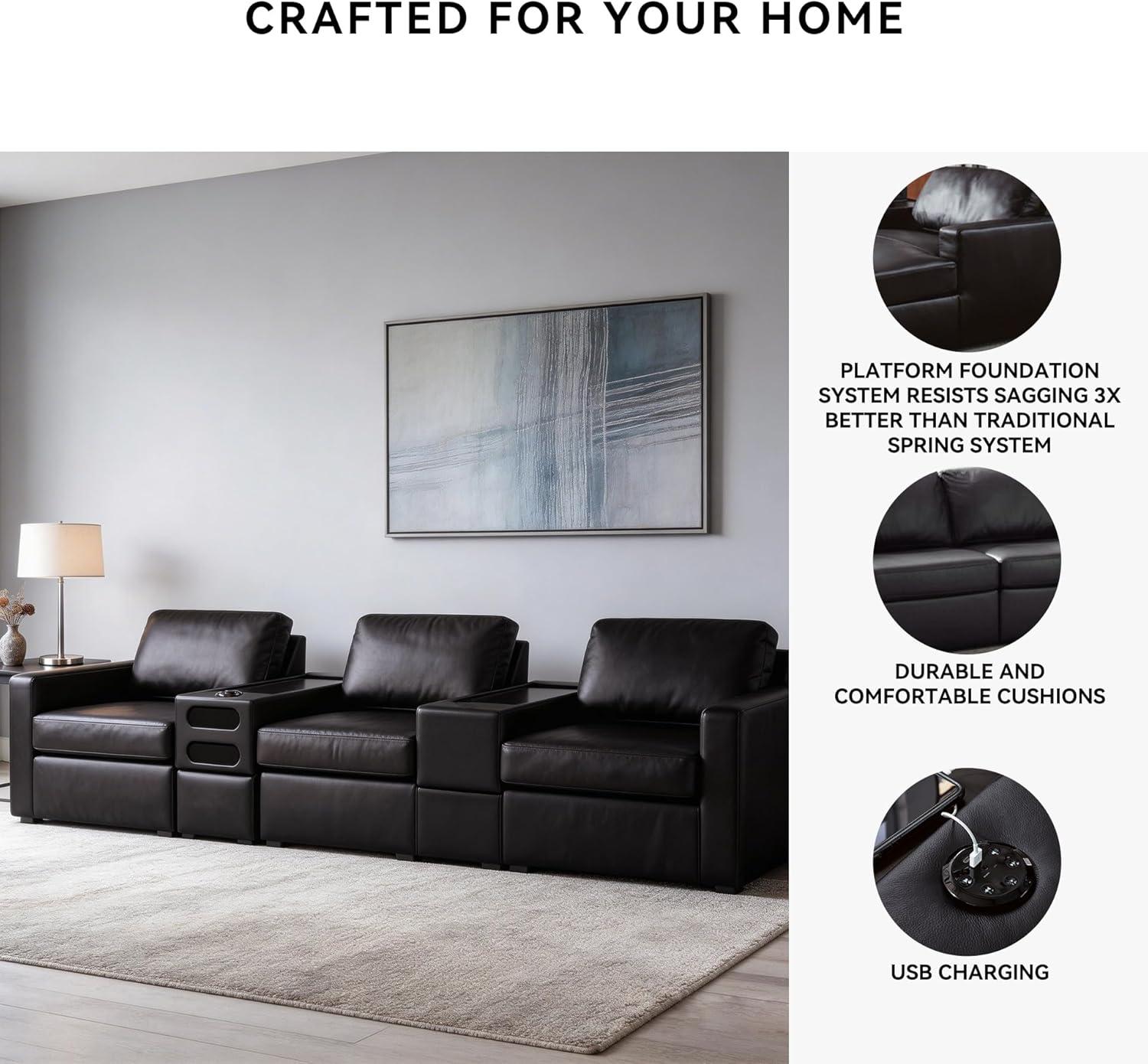 imageSignature Design by Ashley Modmax II Sectional Sofa with Audio and Storage Consoles Top Grain Leather Seating Sectionals for Living Room Seating for Home Entertainment Black