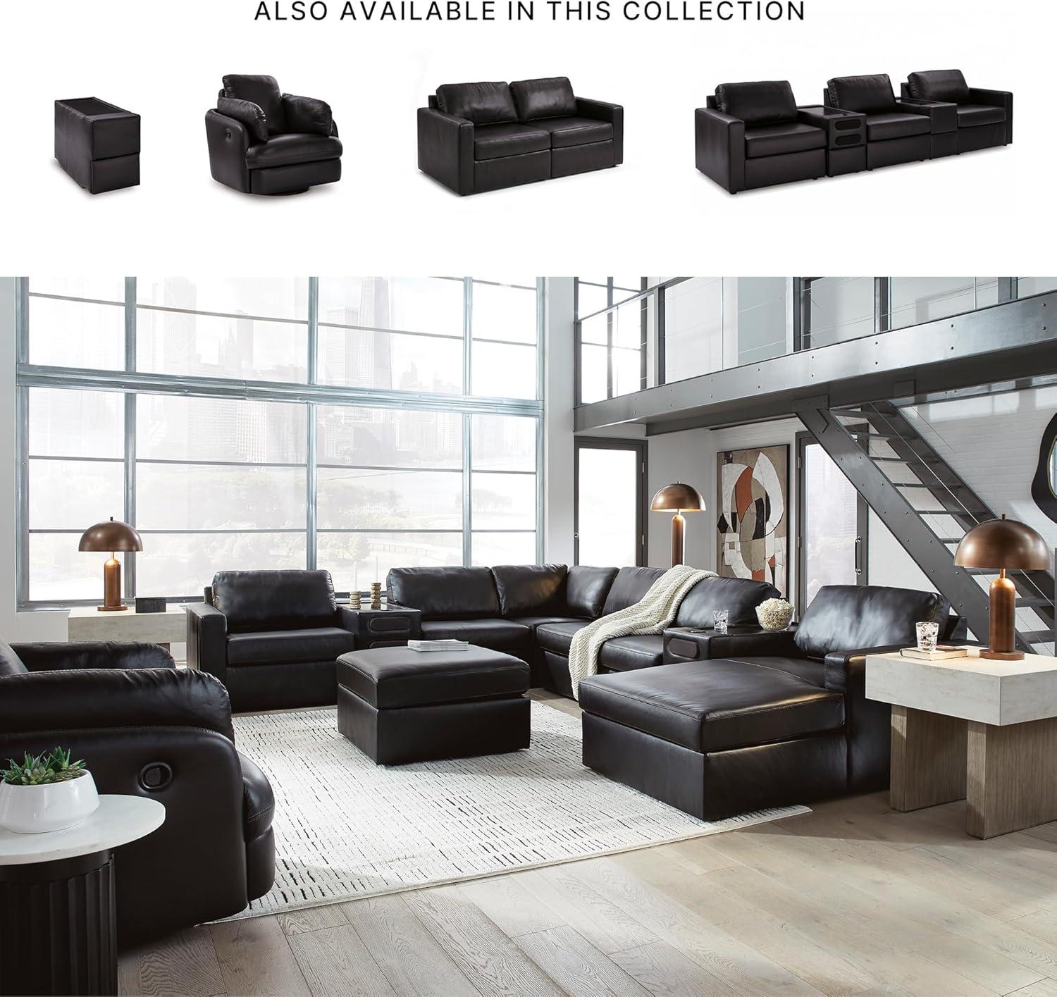 imageSignature Design by Ashley Modmax II Sectional Sofa with Audio and Storage Consoles Top Grain Leather Seating Sectionals for Living Room Seating for Home Entertainment Black