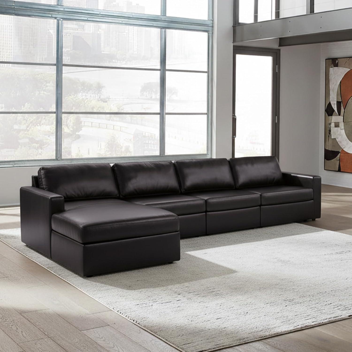 imageSignature Design by Ashley Modmax II Sectional Sofa with Chaise Modular Design Top Grain Leather Seating Living Room Sectionals for Flexible Everyday Lounging Black