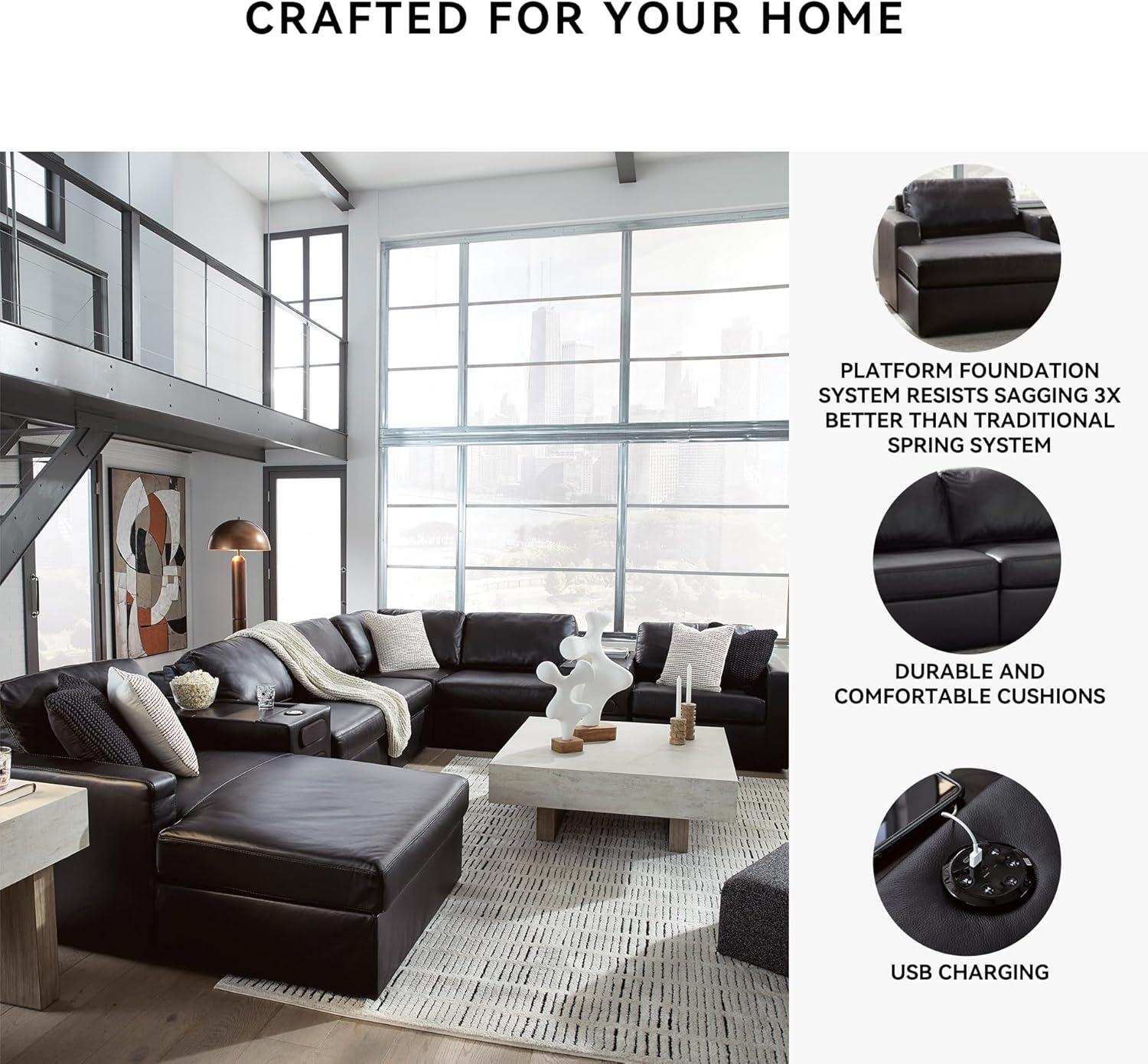 imageSignature Design by Ashley Modmax II Sectional Sofa with Chaise and Audio Consoles Modular Design Top Grain Leather Seating Sectionals for Living Room Entertainment Black