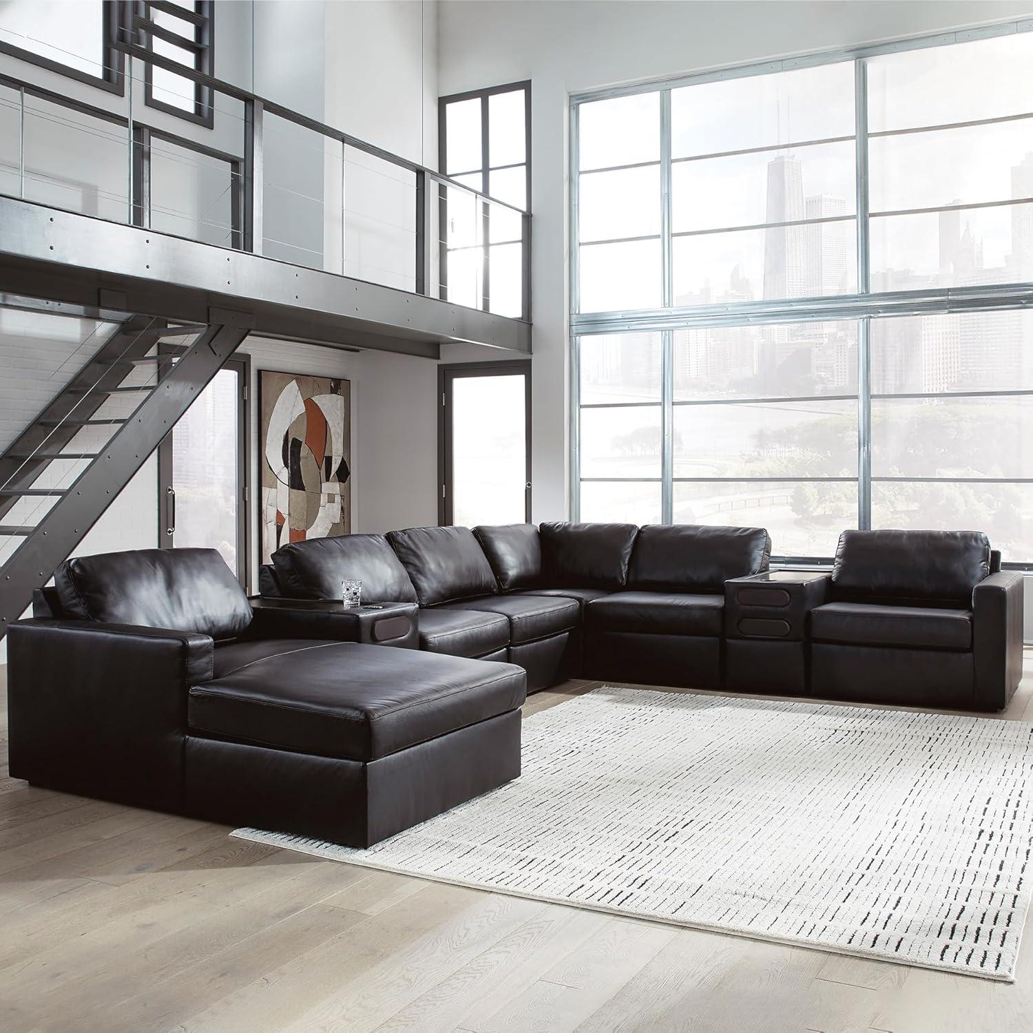 imageSignature Design by Ashley Modmax II Sectional Sofa with Chaise and Audio Consoles Modular Design Top Grain Leather Seating Sectionals for Living Room Entertainment Black