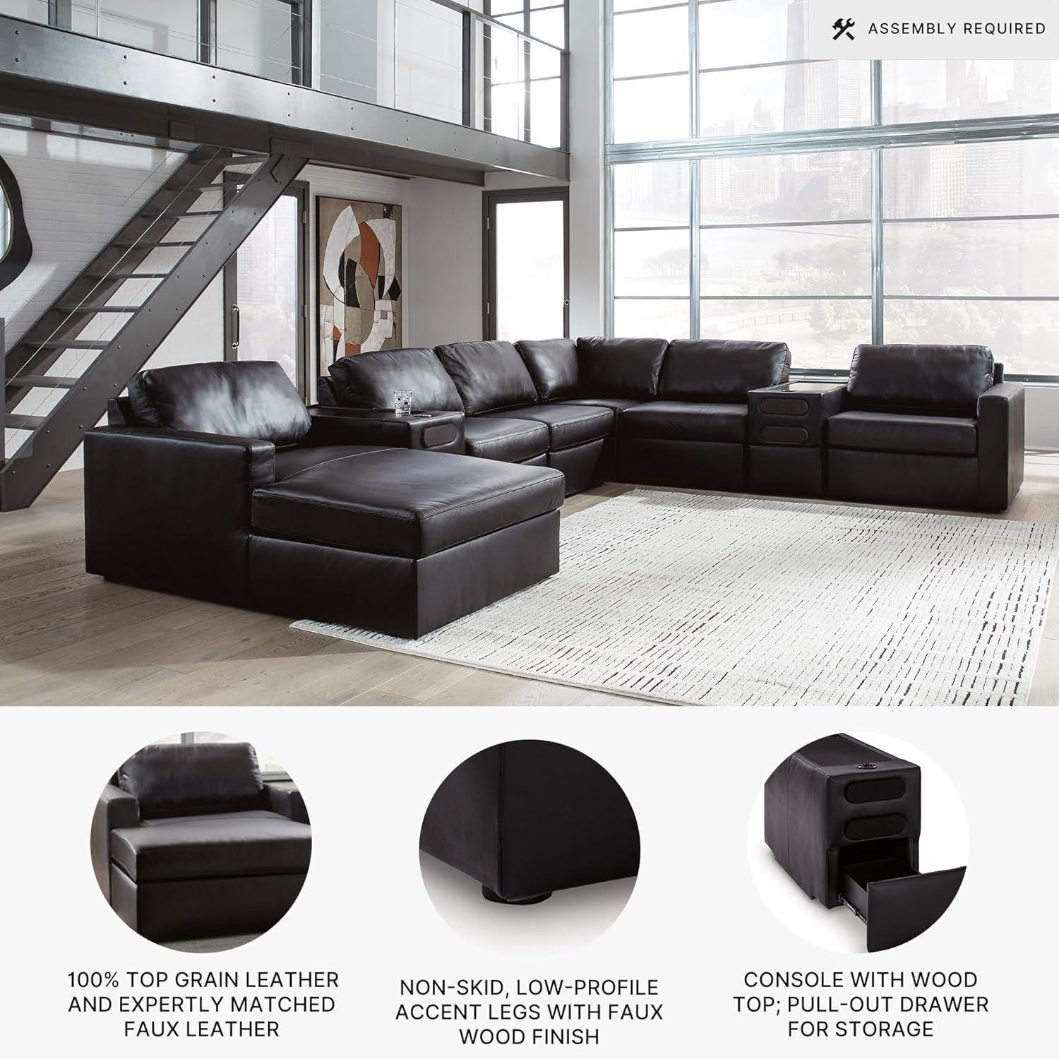 imageSignature Design by Ashley Modmax II Sectional Sofa with Chaise and Audio Consoles Modular Design Top Grain Leather Seating Sectionals for Living Room Entertainment Black