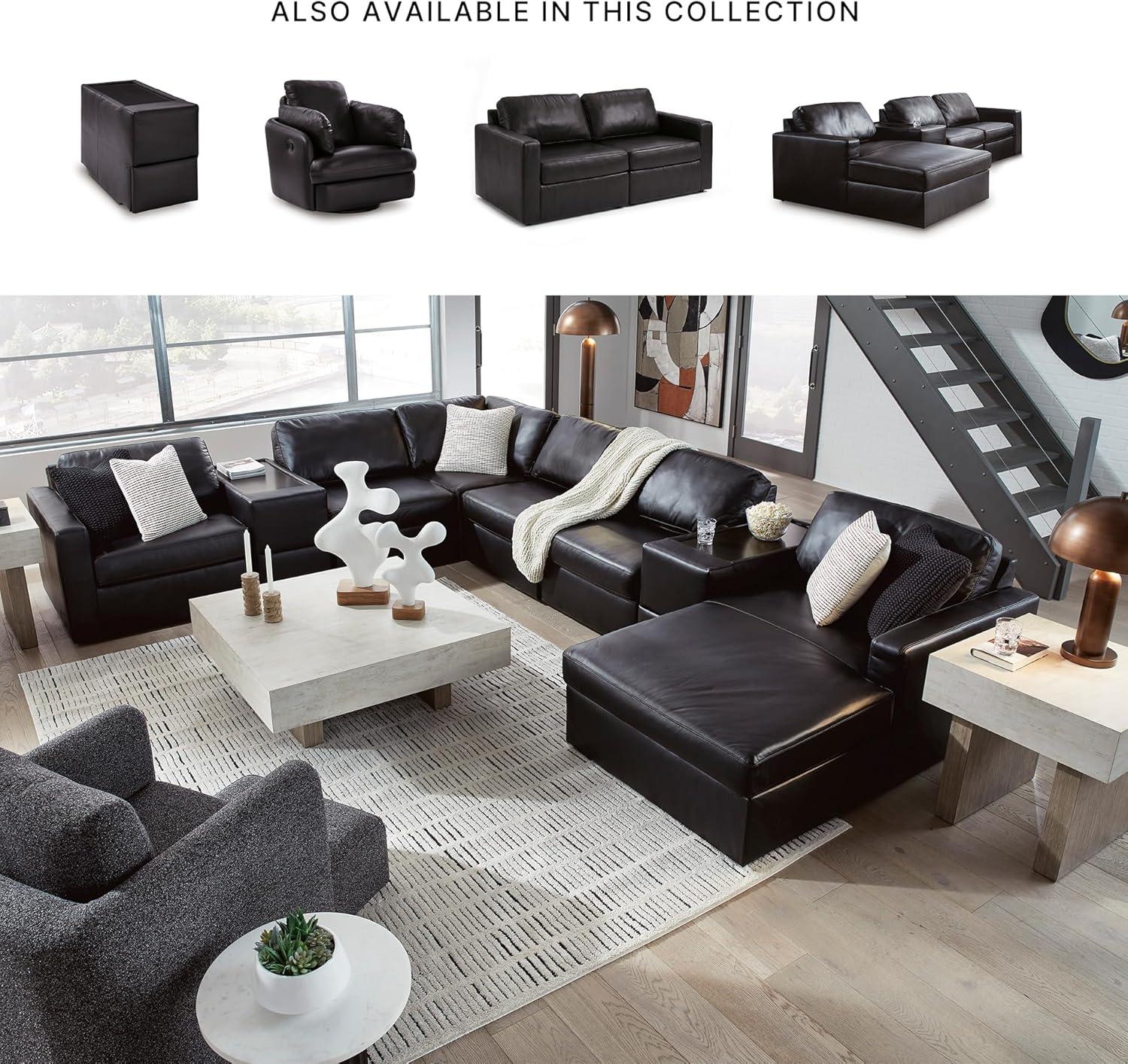 imageSignature Design by Ashley Modmax II Sectional Sofa with Chaise and Storage Console Modular Design Top Grain Leather Sectionals for Living Room Lounging Black