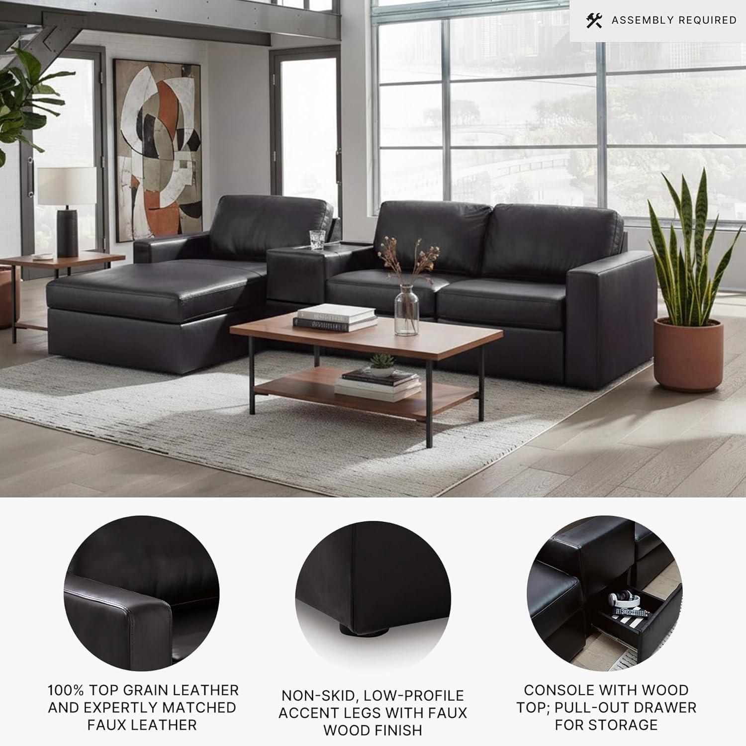 imageSignature Design by Ashley Modmax II Sectional Sofa with Chaise and Storage Console Modular Design Top Grain Leather Sectionals for Living Room Lounging Black
