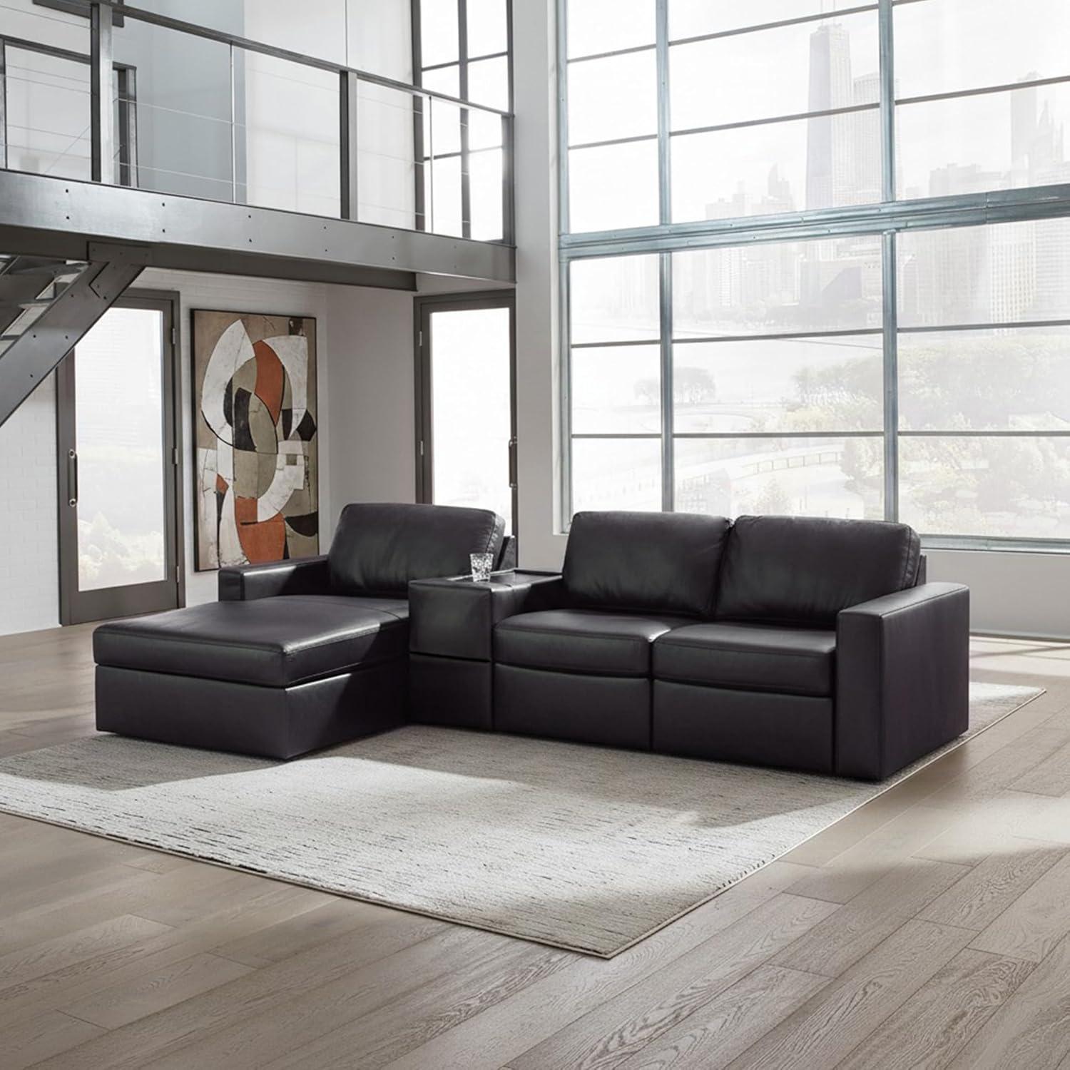 imageSignature Design by Ashley Modmax II Sectional Sofa with Chaise and Storage Console Modular Design Top Grain Leather Sectionals for Living Room Lounging Black