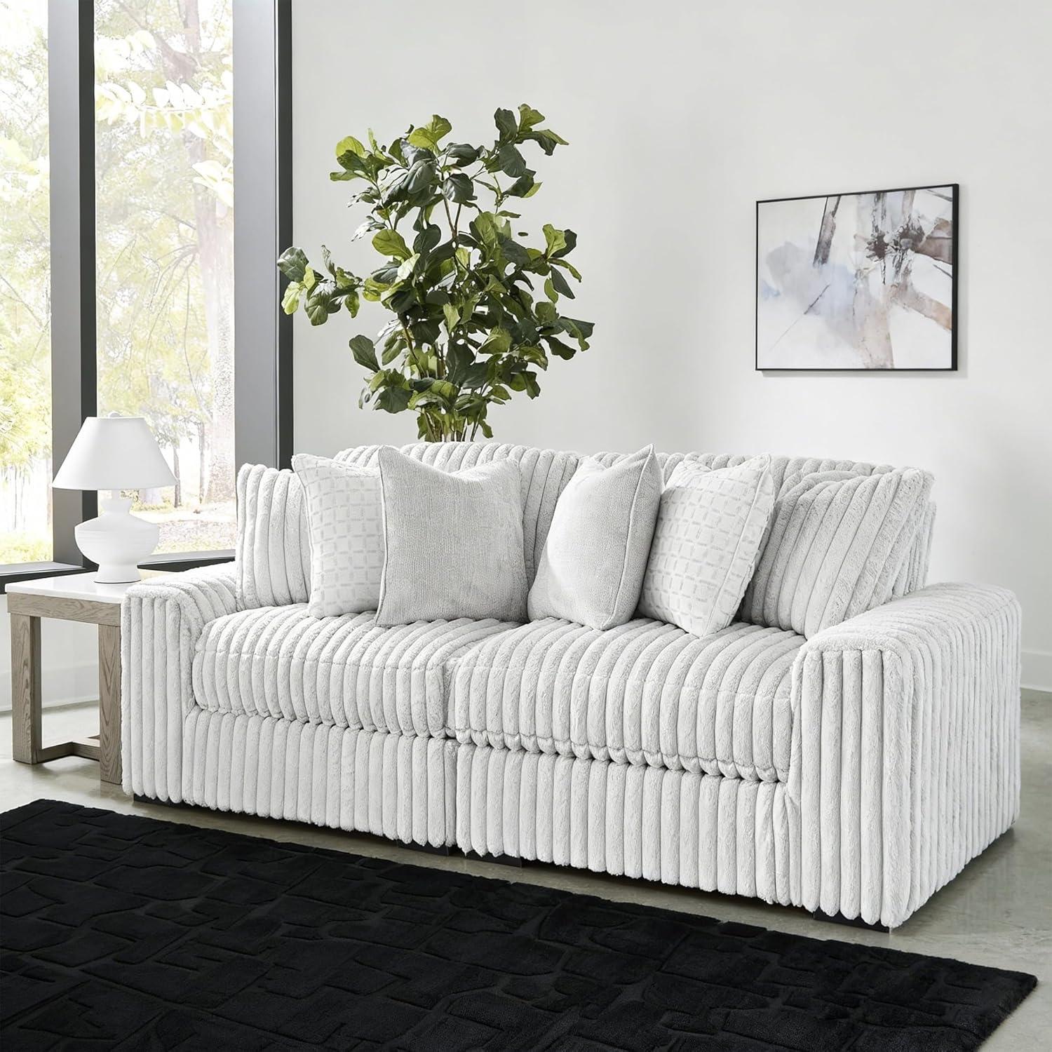 imageSignature Design by Ashley Stupendous Sectional Sofa Jumbo Cord Fabric Modern Sectional Couch with Feather Cushions for Living Room Seating Retro Style Neutral