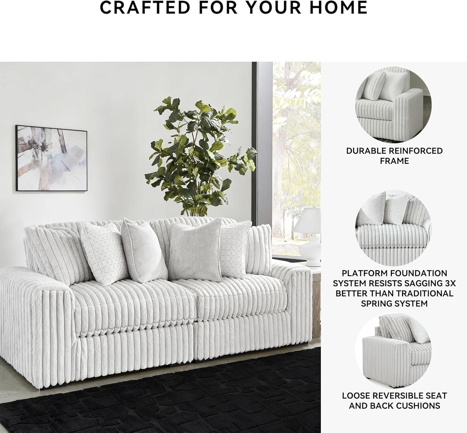 imageSignature Design by Ashley Stupendous Sectional Sofa Jumbo Cord Fabric Modern Sectional Couch with Feather Cushions for Living Room Seating Retro Style Neutral