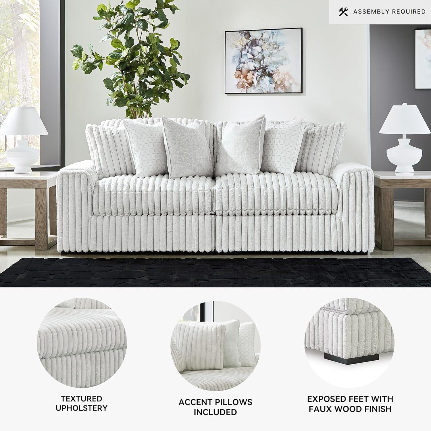 imageSignature Design by Ashley Stupendous Sectional Sofa Jumbo Cord Fabric Modern Sectional Couch with Feather Cushions for Living Room Seating Retro Style Neutral