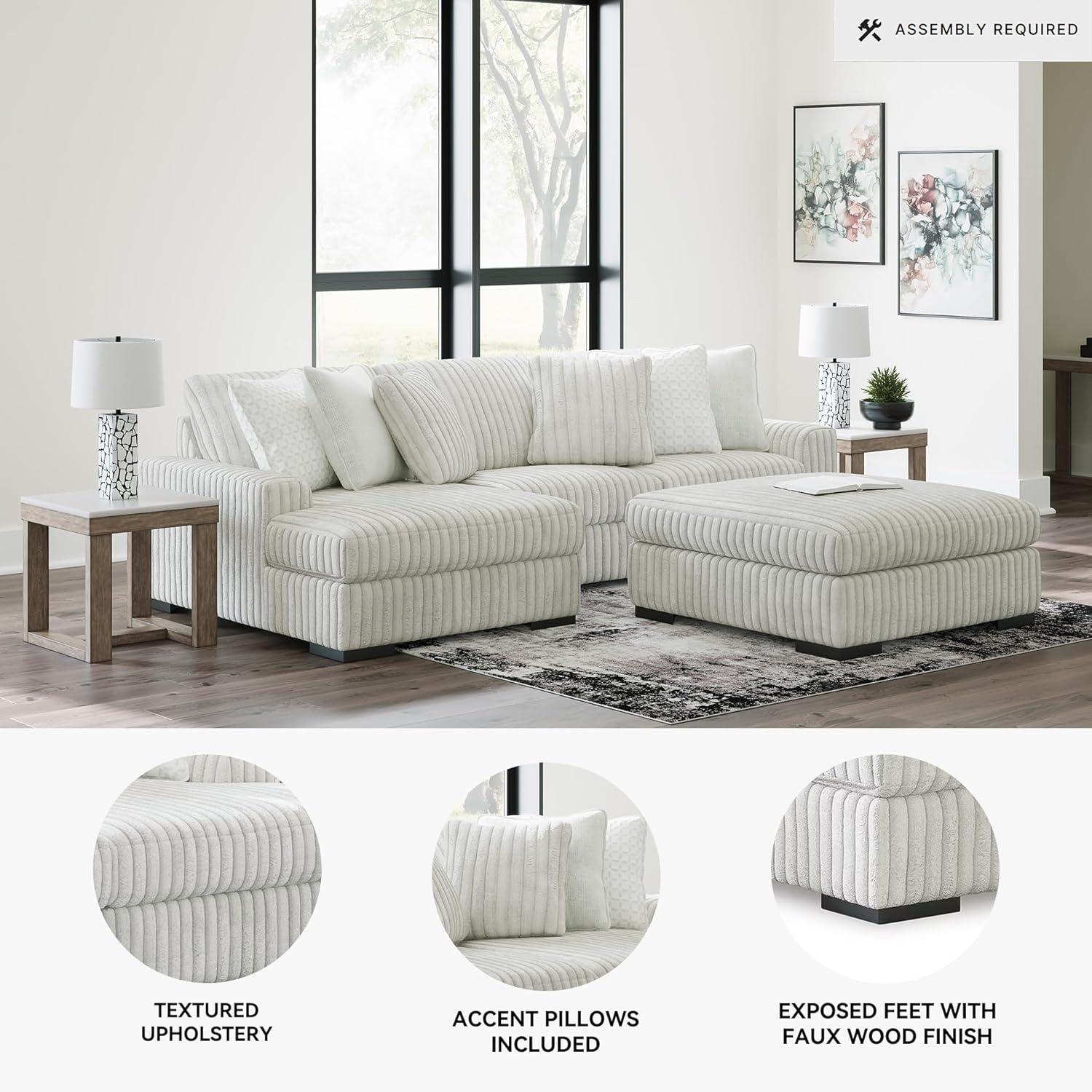 imageSignature Design by Ashley Stupendous Sectional Sofa with Chaise Jumbo Cord Fabric Feather Cushions Modern Living Room Sectional Couch Neutral Apartment Size