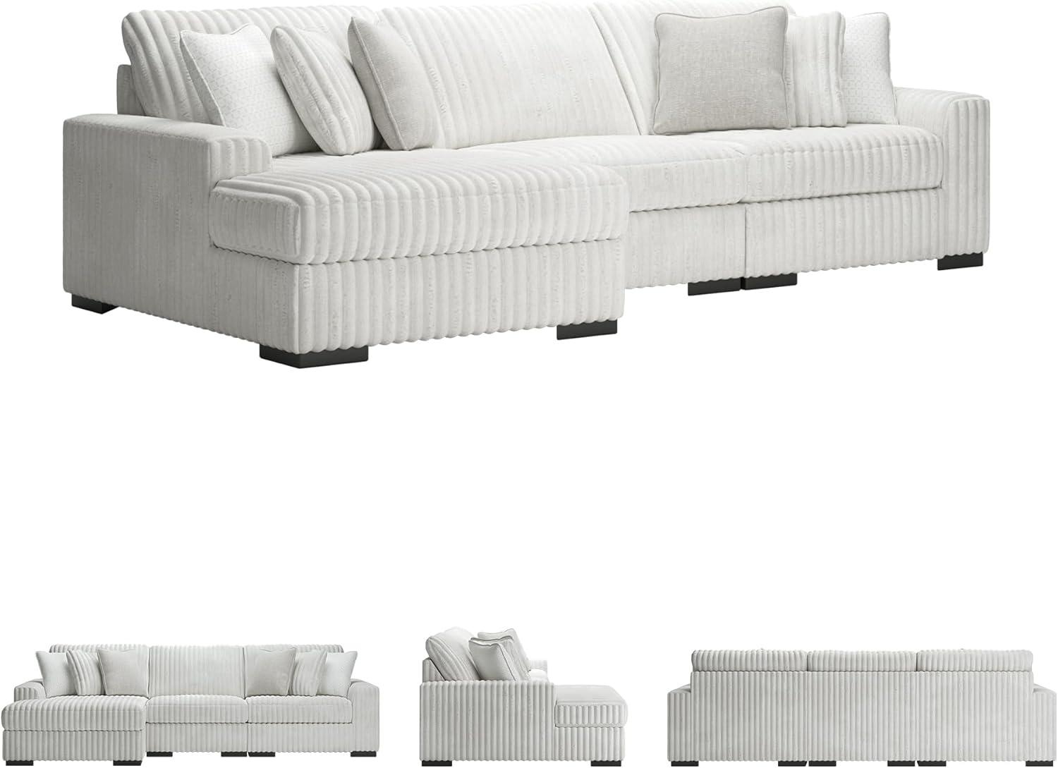 imageSignature Design by Ashley Stupendous Sectional Sofa with Chaise Jumbo Cord Fabric Feather Cushions Modern Living Room Sectional Couch Neutral Apartment Size