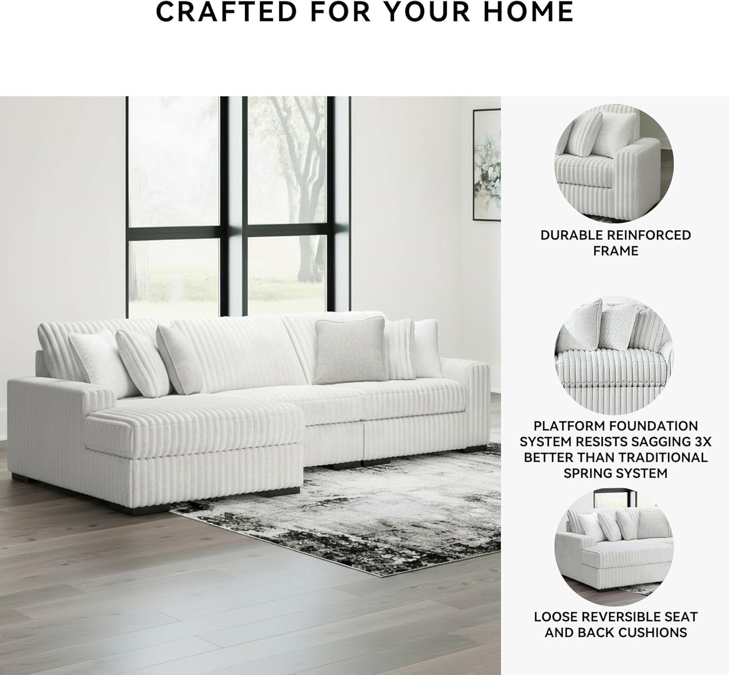 imageSignature Design by Ashley Stupendous Sectional Sofa with Chaise Jumbo Cord Fabric Feather Cushions Modern Living Room Sectional Couch Neutral Apartment Size
