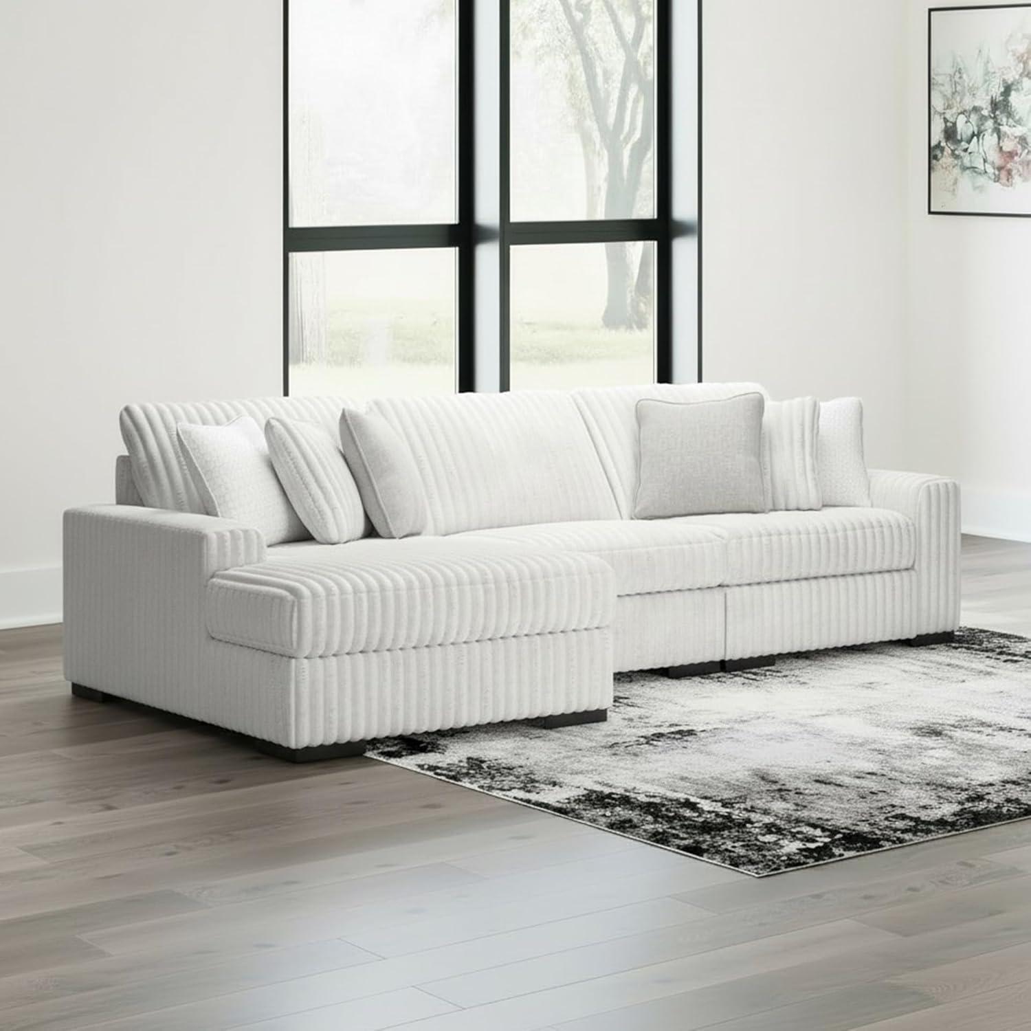 imageSignature Design by Ashley Stupendous Sectional Sofa with Chaise Jumbo Cord Fabric Feather Cushions Modern Living Room Sectional Couch Neutral Apartment Size