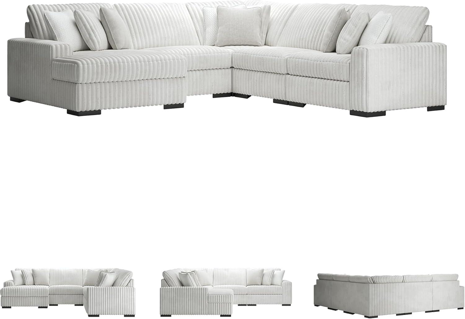 imageSignature Design by Ashley Stupendous Sectional Sofa with Chaise Jumbo Cord Fabric and Feather Cushions Modern Living Room Seating for Relaxed Entertaining Neutral