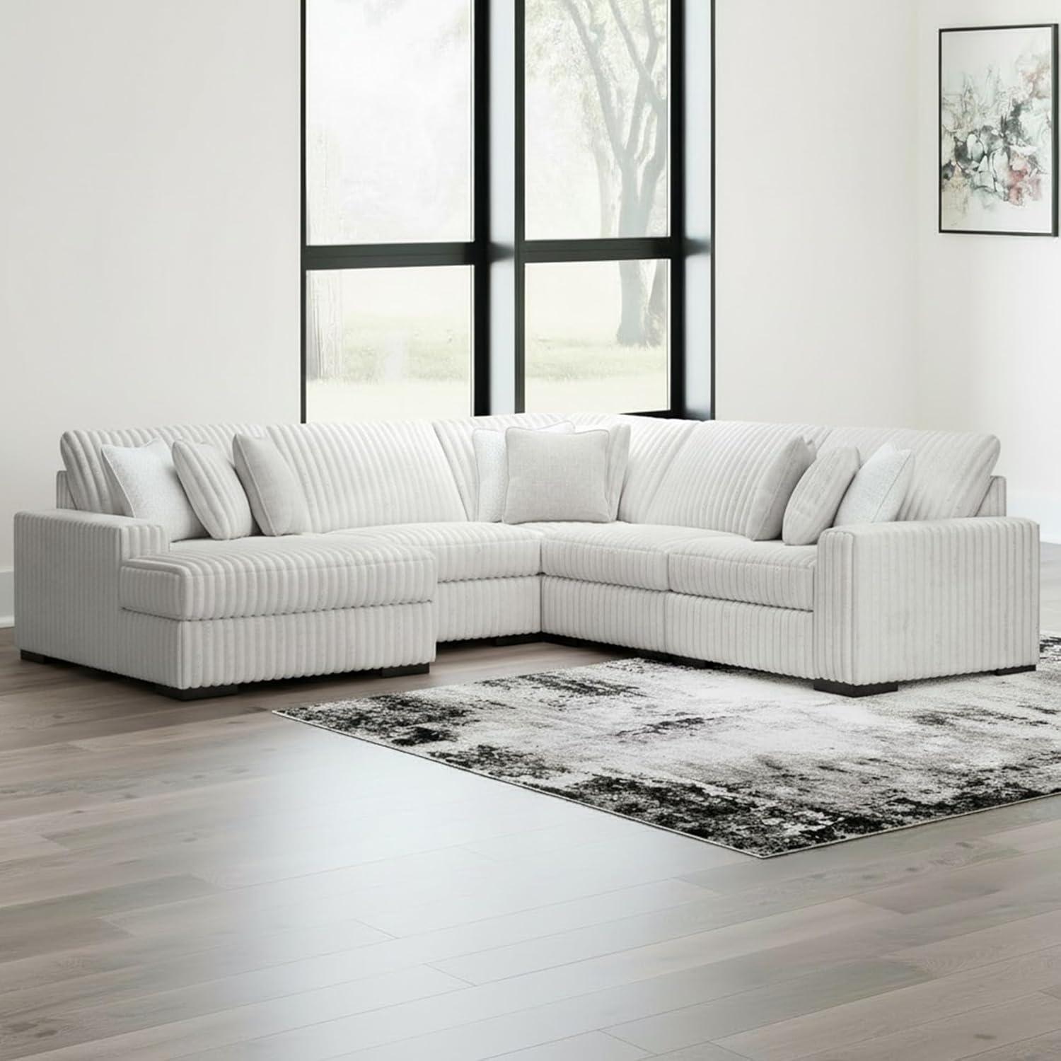 imageSignature Design by Ashley Stupendous Sectional Sofa with Chaise Jumbo Cord Fabric and Feather Cushions Modern Living Room Seating for Relaxed Entertaining Neutral