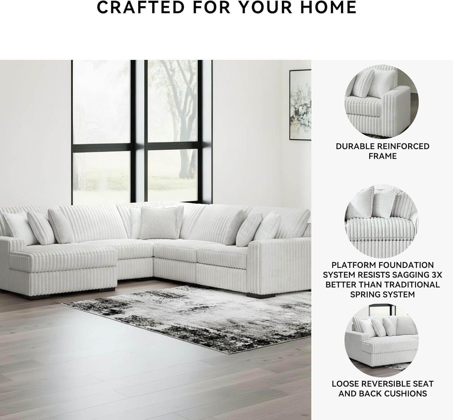 imageSignature Design by Ashley Stupendous Sectional Sofa with Chaise Jumbo Cord Fabric and Feather Cushions Modern Living Room Seating for Relaxed Entertaining Neutral