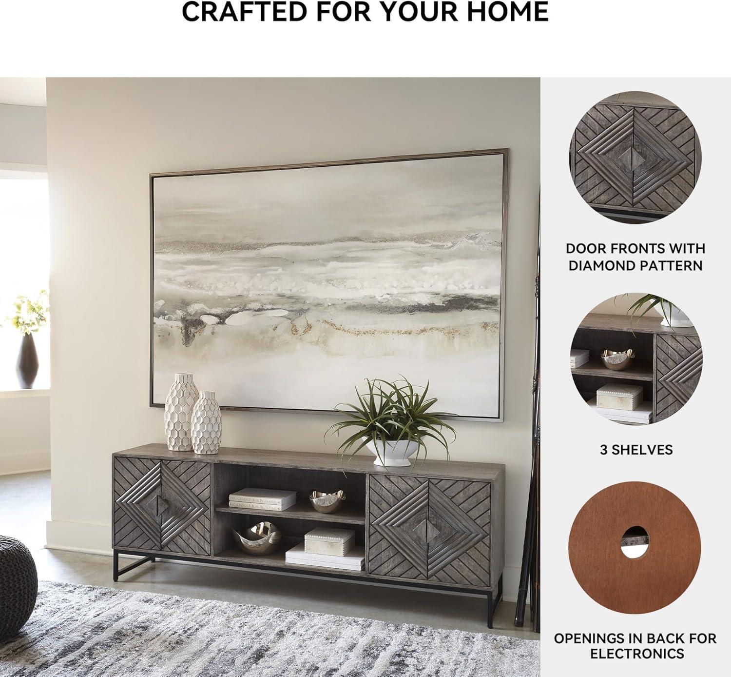 imageSignature Design by Ashley Treybrook Accent Cabinets Art Deco Credenza Cabinet Doors with Metal Base Storage for Living Room Or Office 71 W Distressed Gray