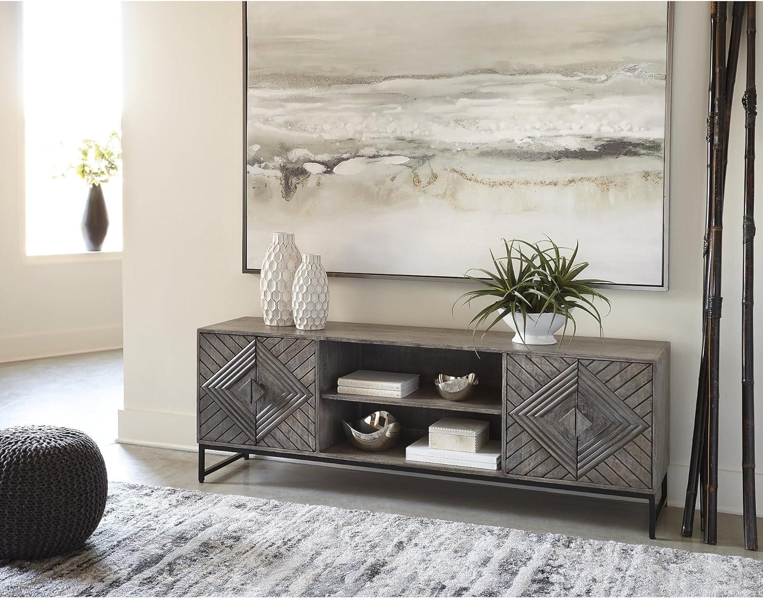 imageSignature Design by Ashley Treybrook Accent Cabinets Art Deco Credenza Cabinet Doors with Metal Base Storage for Living Room Or Office 71 W Distressed Gray