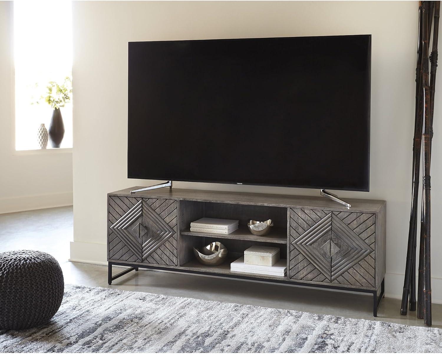 imageSignature Design by Ashley Treybrook Accent Cabinets Art Deco Credenza Cabinet Doors with Metal Base Storage for Living Room Or Office 71 W Distressed Gray