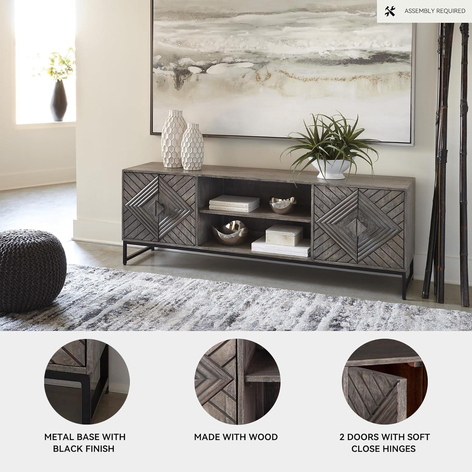 imageSignature Design by Ashley Treybrook Accent Cabinets Art Deco Credenza Cabinet Doors with Metal Base Storage for Living Room Or Office 71 W Distressed Gray