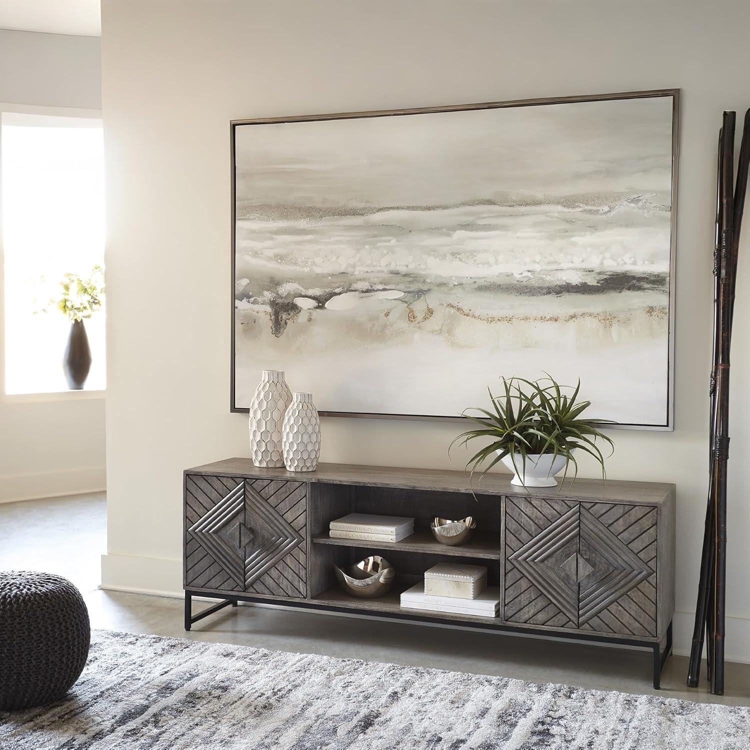 imageSignature Design by Ashley Treybrook Accent Cabinets Art Deco Credenza Cabinet Doors with Metal Base Storage for Living Room Or Office 71 W Distressed Gray