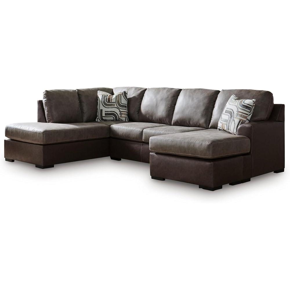 imageSignature Design by Ashley BalticPark Sleeper Sectional Sofa with Chaise Faux Leather Couch Bed with Queen Memory Foam Mattress for Living Room Lounging Brown