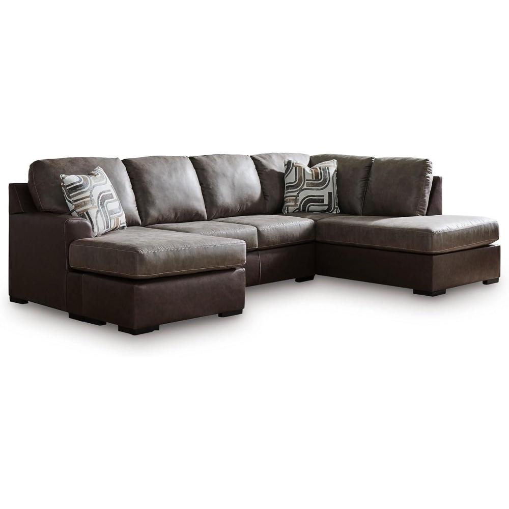 imageSignature Design by Ashley BalticPark Sleeper Sectional Sofa with Chaise Faux Leather Couch Bed with Queen Memory Foam Mattress for Modern Living Room Lounging Brown