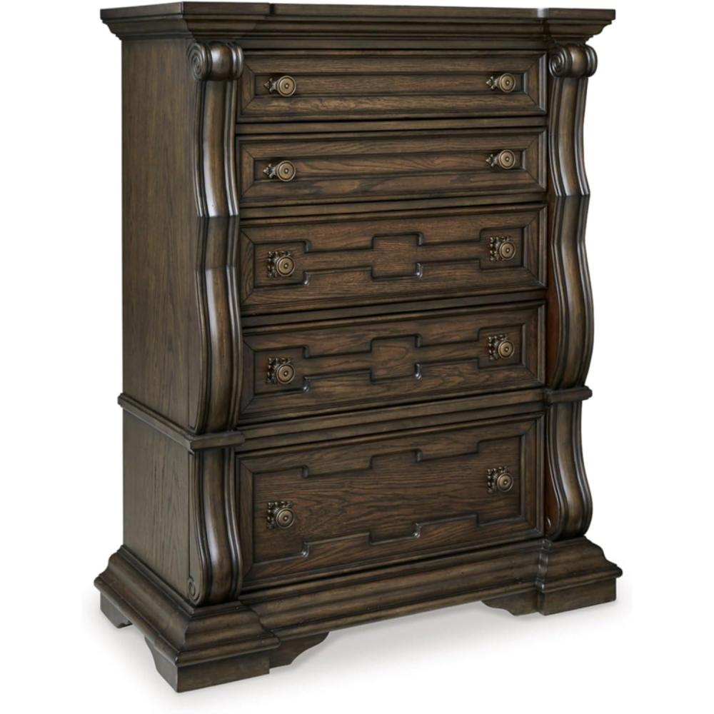 imageSignature Design by Ashley Maylee Traditional Chest with 5 SmoothGliding Drawers Felt Lined Top Drawer Goldtone Handles Wood Dark Brown Finish 435 W