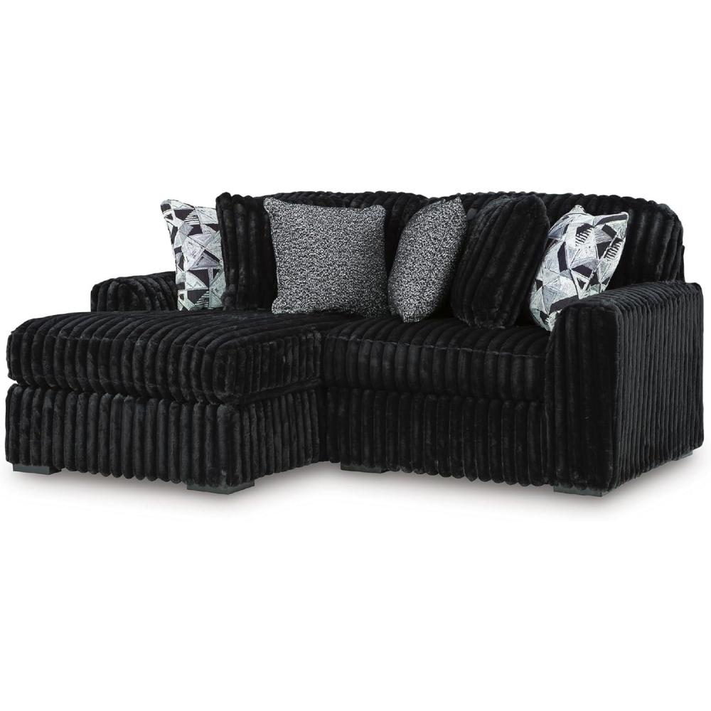 imageSignature Design by Ashley MidnightMadness Sectionals Jumbo Corduroy Sectional Sofa with Chaise Plush Cushioned Comfort for Cozy Living Room Lounging Black Fabric
