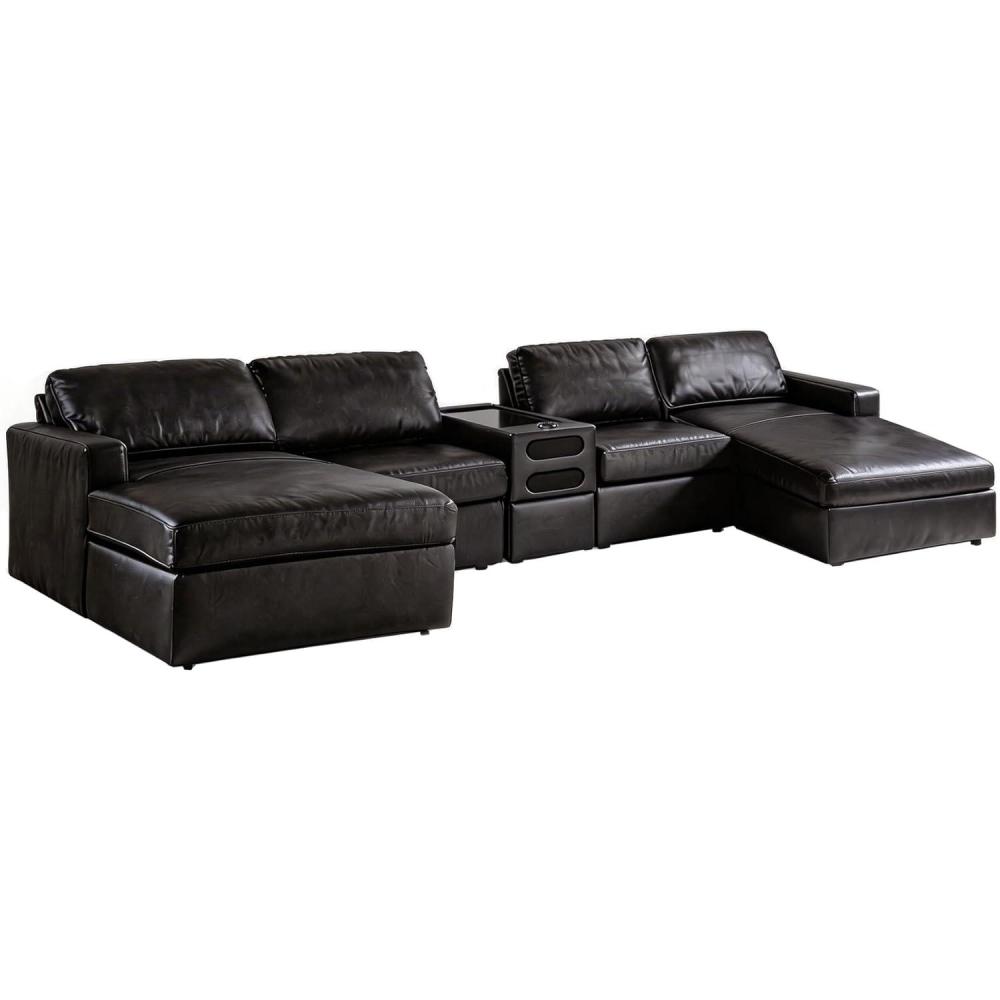 imageSignature Design by Ashley Modmax II Double Chaise Sectional Sofa Modular Design Audio Console Top Grain Leather Seating Contemporary Living Room Sectionals for Entertainment Black