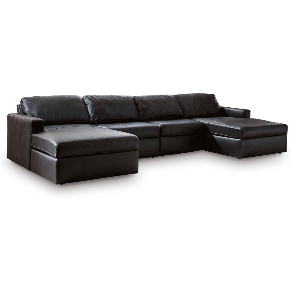 imageSignature Design by Ashley Modmax II Double Chaise Sectional Sofa Modular Design Top Grain Leather Seating Contemporary Sectionals for Living Room Lounging Black